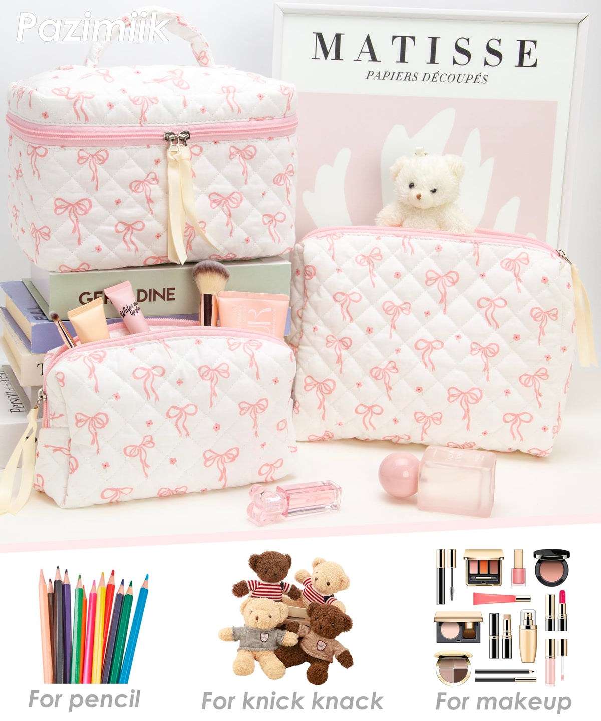 3 Piece Quilted Makeup Bag Set for Women Cosmetic Toiletry - PAZIMIIK Official Imagery - 7