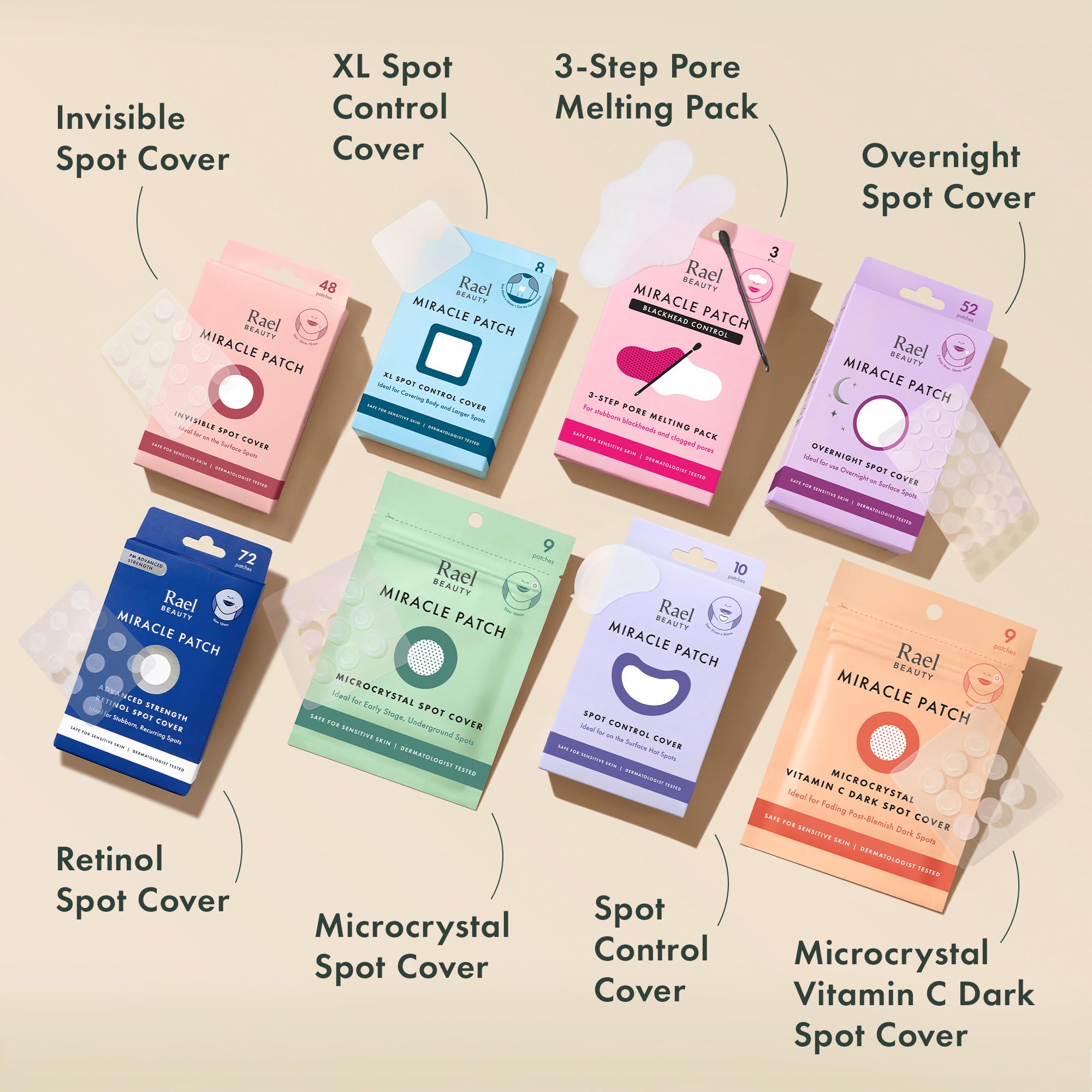 Rael Miracle Hydrocolloid acne pimple patches on skin, showing clear, transparent spots designed for acne treatment.