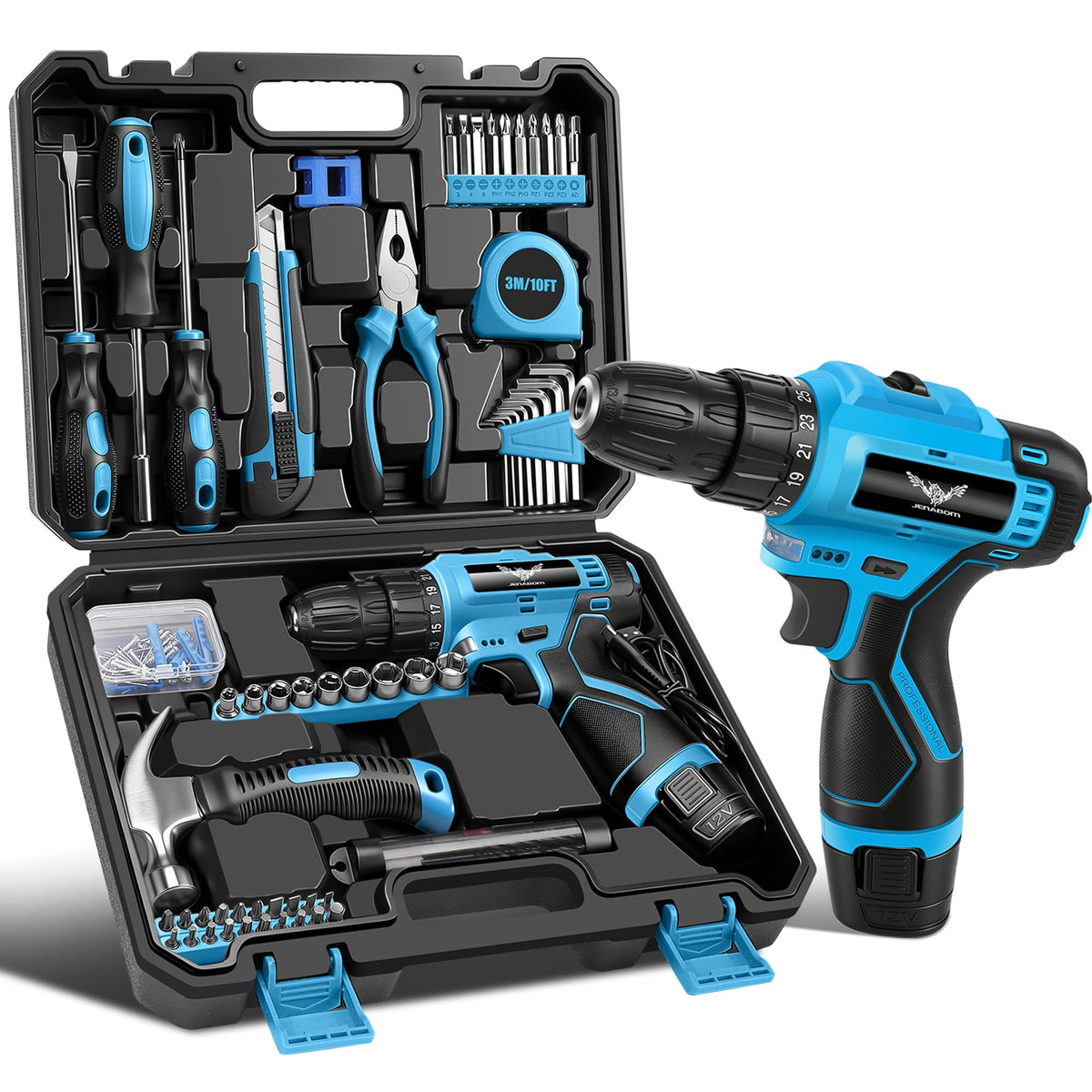 Tool Set 146 Piece Home Tool Kit with 12V Blue Cordless - JENABOM Official Imagery - 2