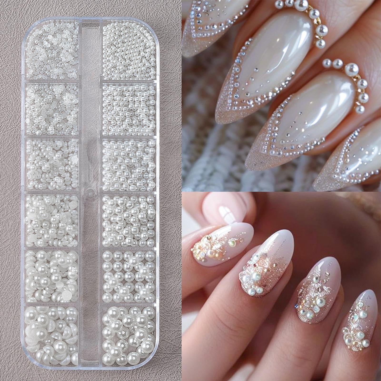 Glitter nail charms with pearl decorations for manicure embellishments, featuring colorful, shiny accents for creative nail art.