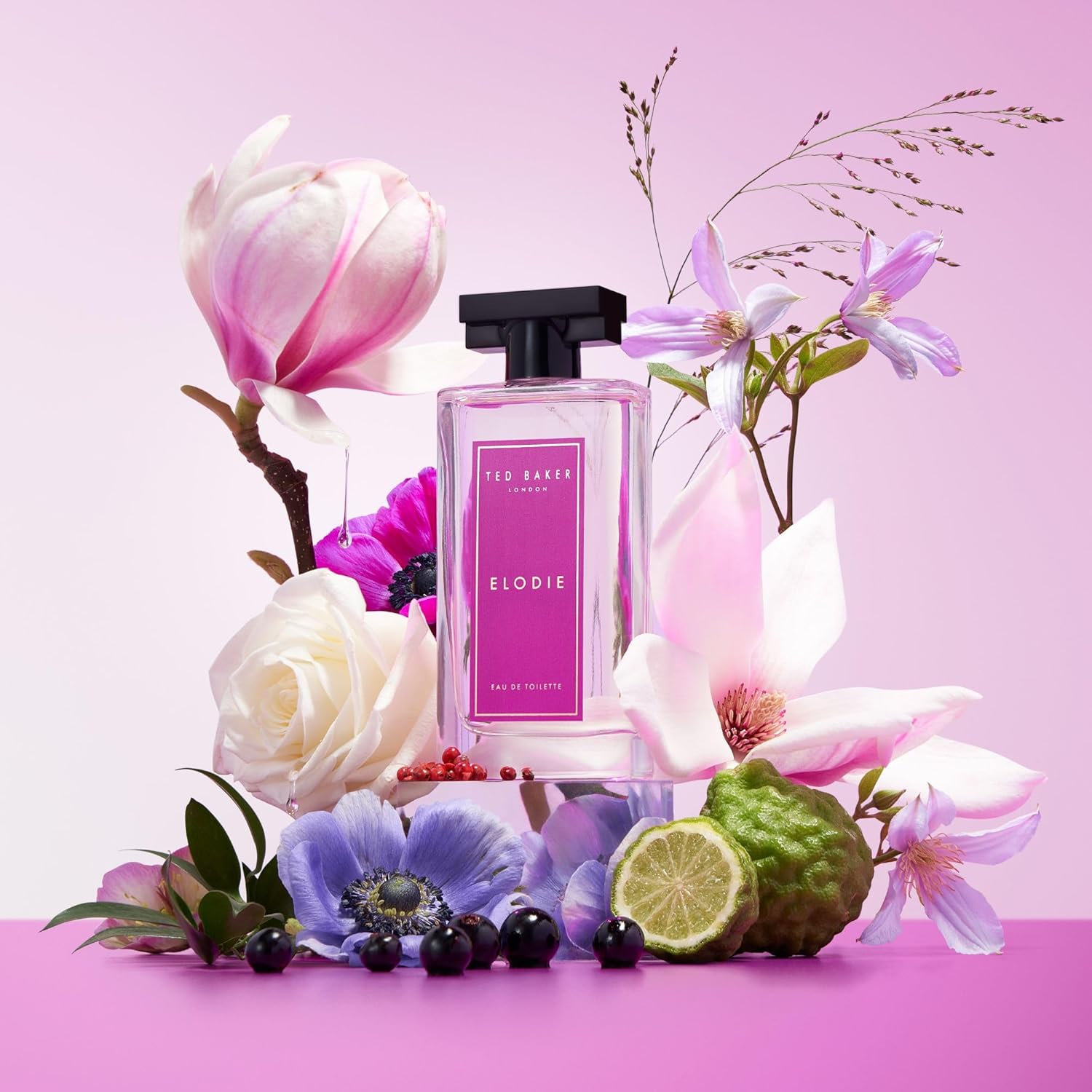 Ted Baker Elodie women's Eau de Toilette bottle with woody floral scent and pink pepper accents, elegant packaging.