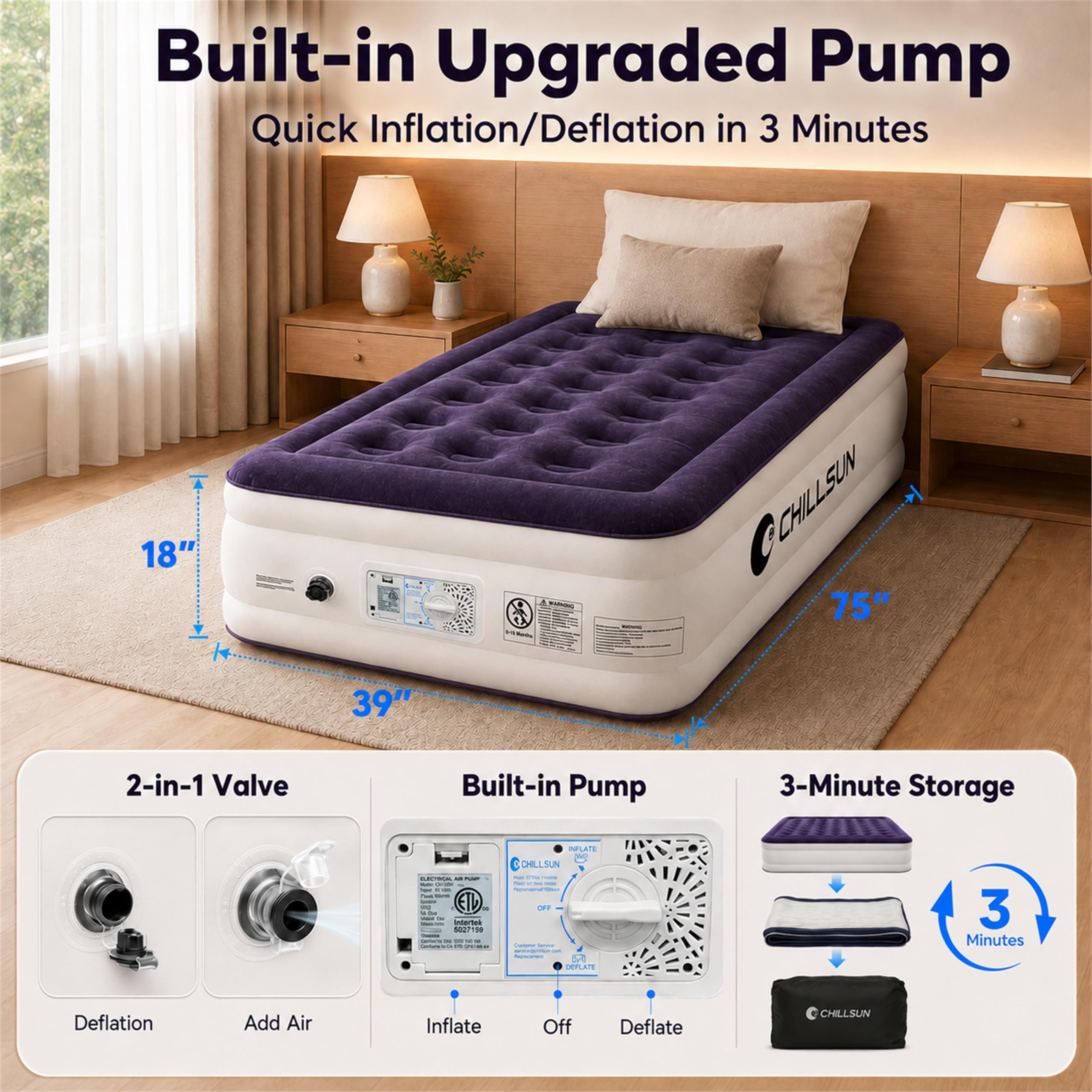 CHILLSUN 18" Twin Air Mattress with Built-in Pump, Inflatable Bed - View 2