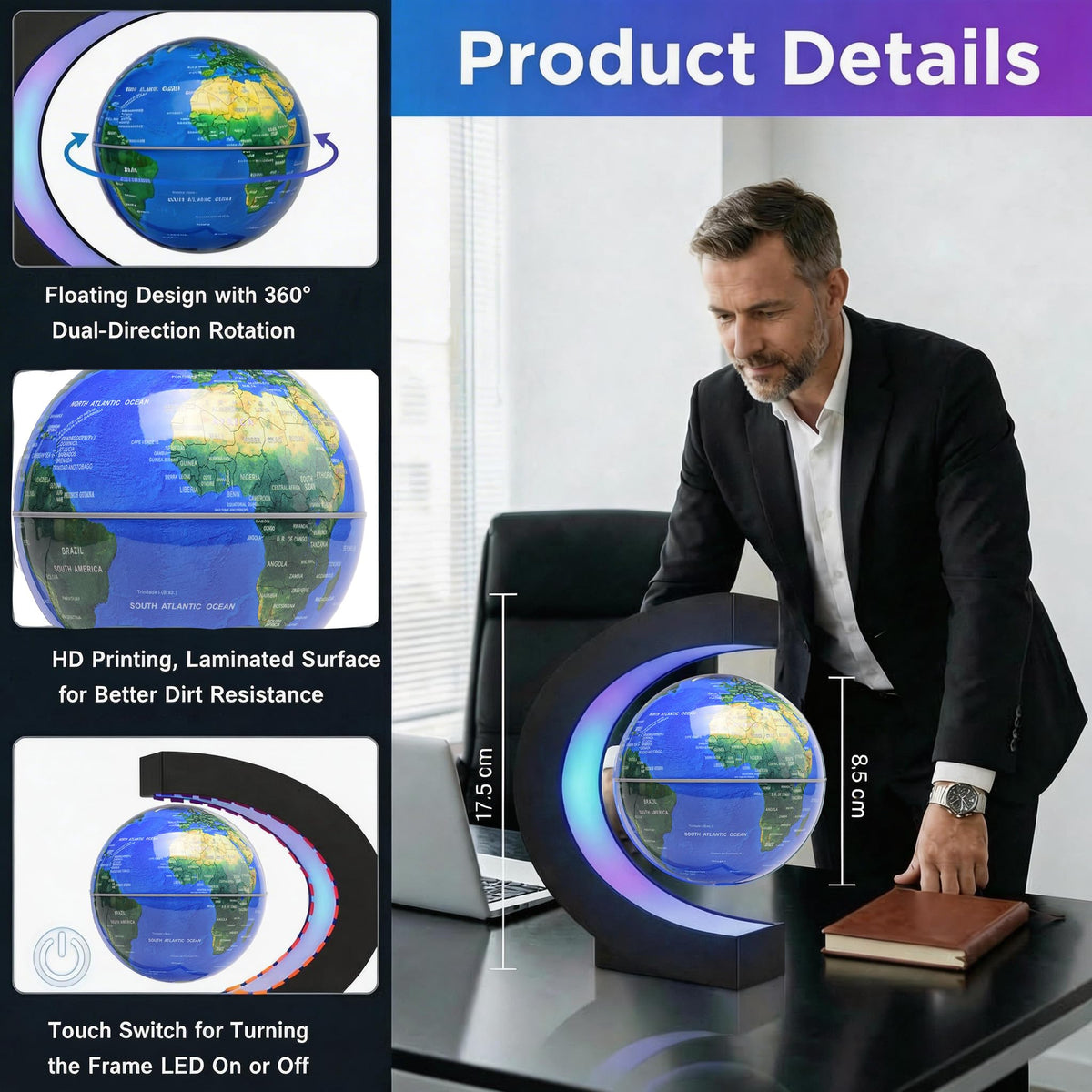 Magnetic Levitation Floating Rotating World Globe with LED - KAIMC Official Imagery - 5