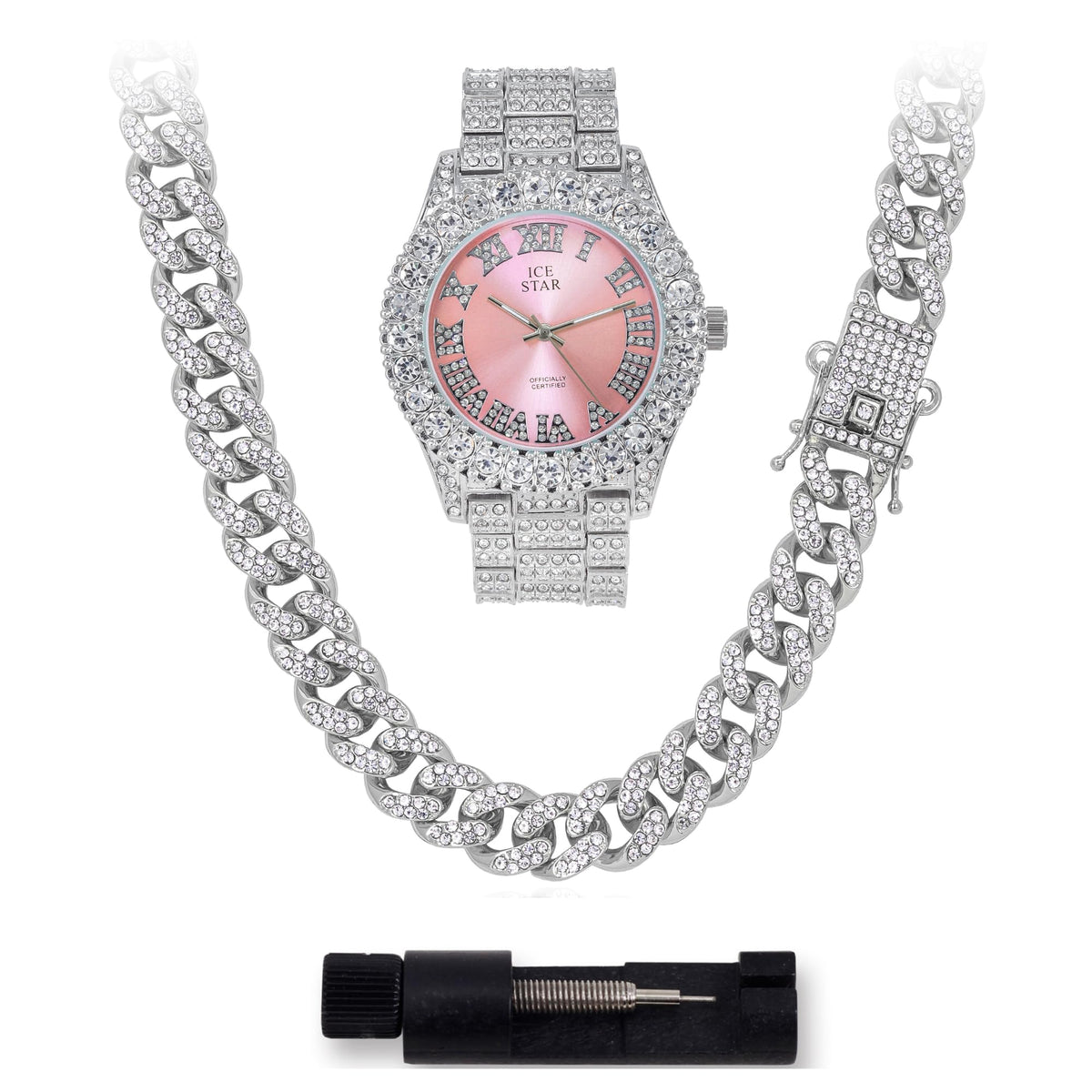 Techno Pave Womens Iced Solitaire Bezel Watch Chain Set 44mm - Techno Pave Official Imagery - 1