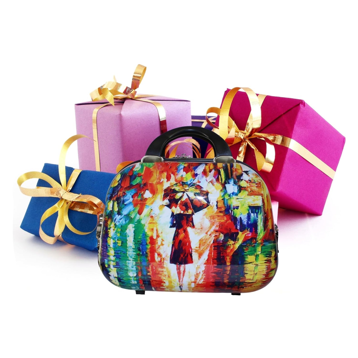 World Traveler Paris Nights 13-inch cosmetic case shoulder tote with floral design and zipper closure, ideal for travel and storage.