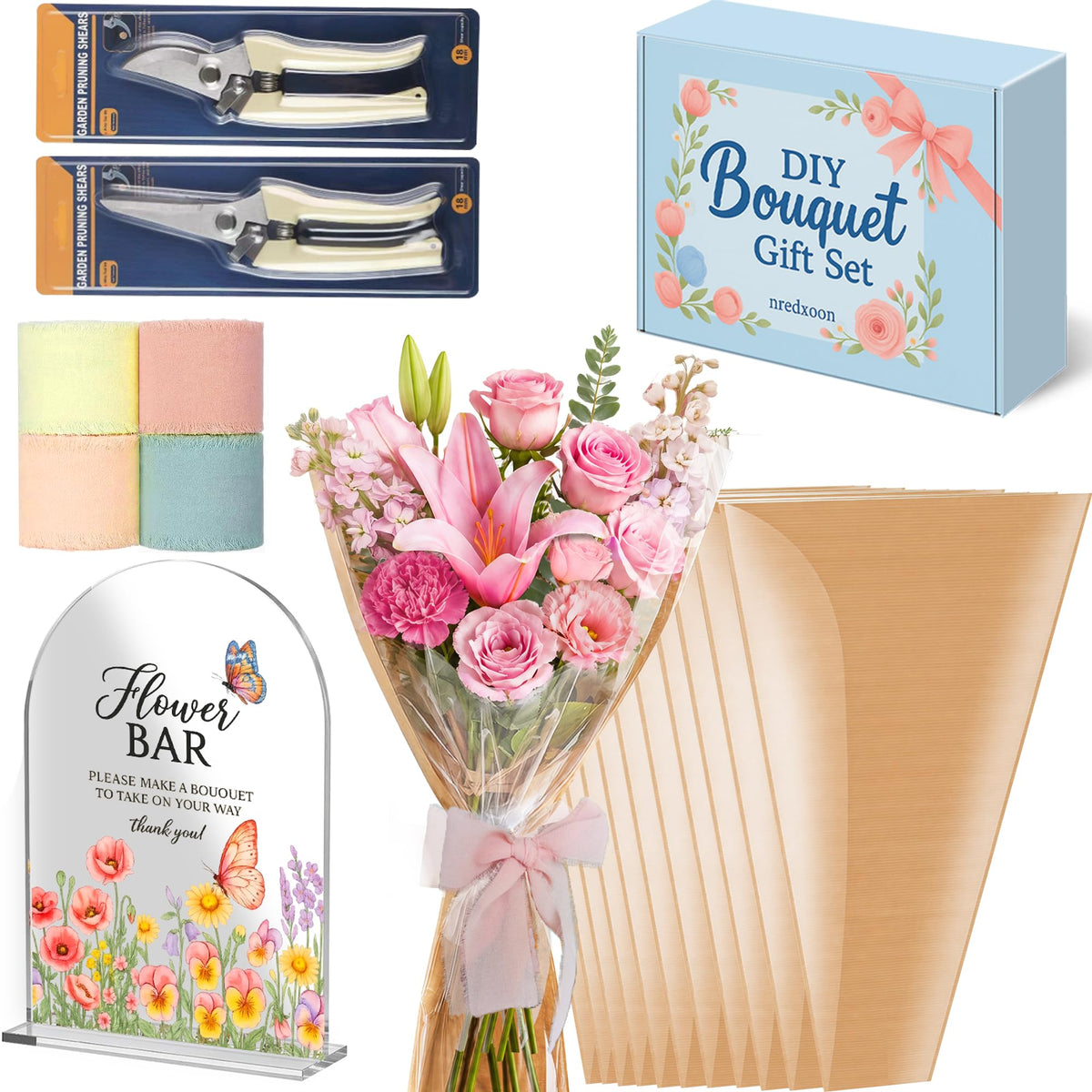 57Pcs Flower Bar Supplies Kit w Waterproof Kraft Boquet Bags - NREDXOON Official Imagery - 2