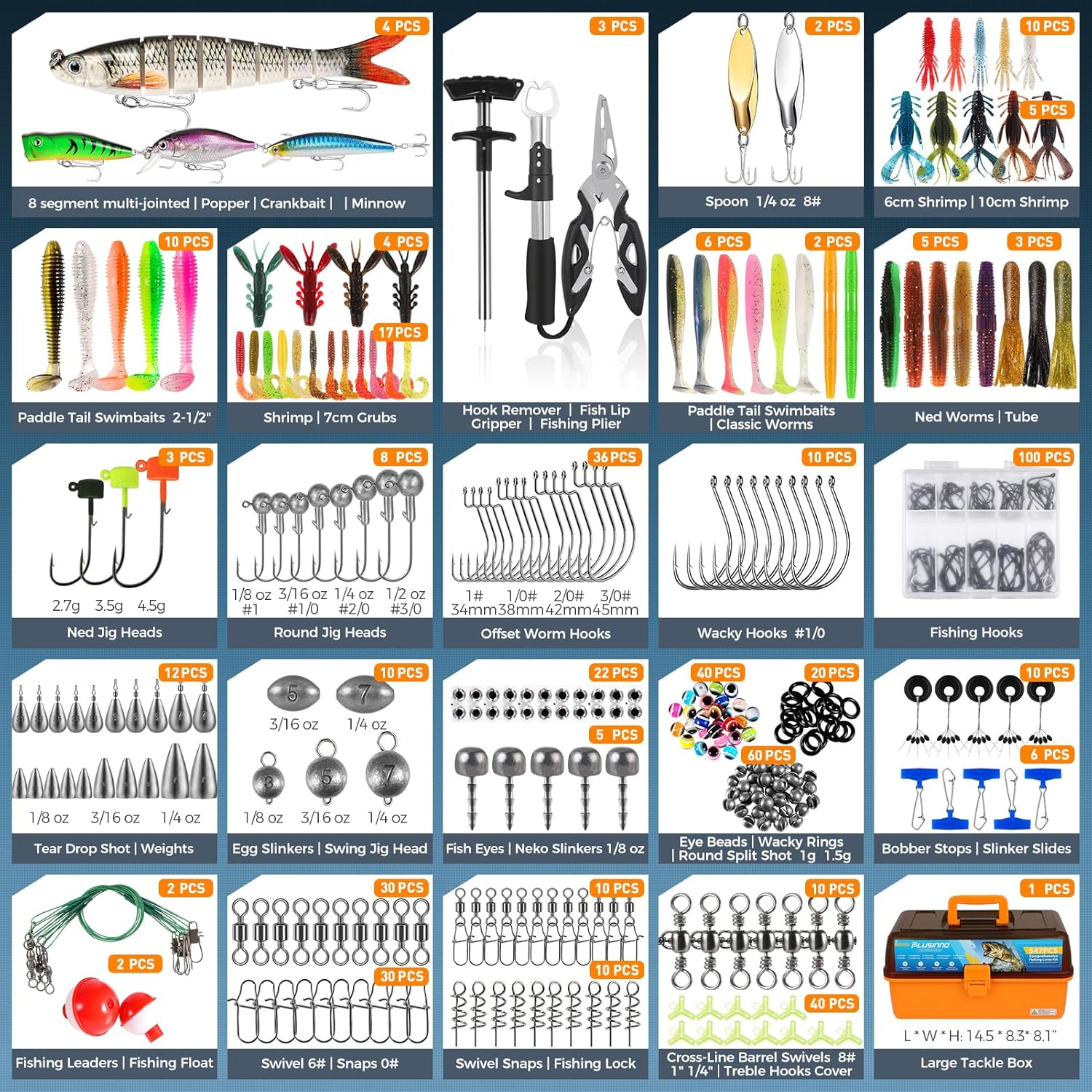 PLUSINNO large 4-layer tackle box with fishing lures, pliers, and crankbaits, featuring 547 pieces for fishing enthusiasts.