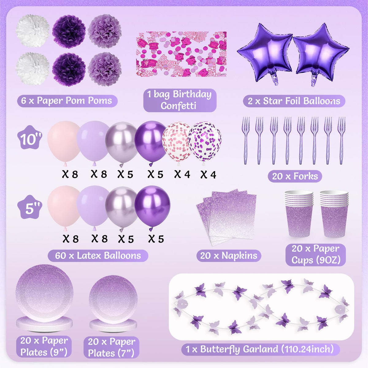 198Pcs Purple Birthday Party Decorations Supplies for Women - JollyScape Official Imagery - 4