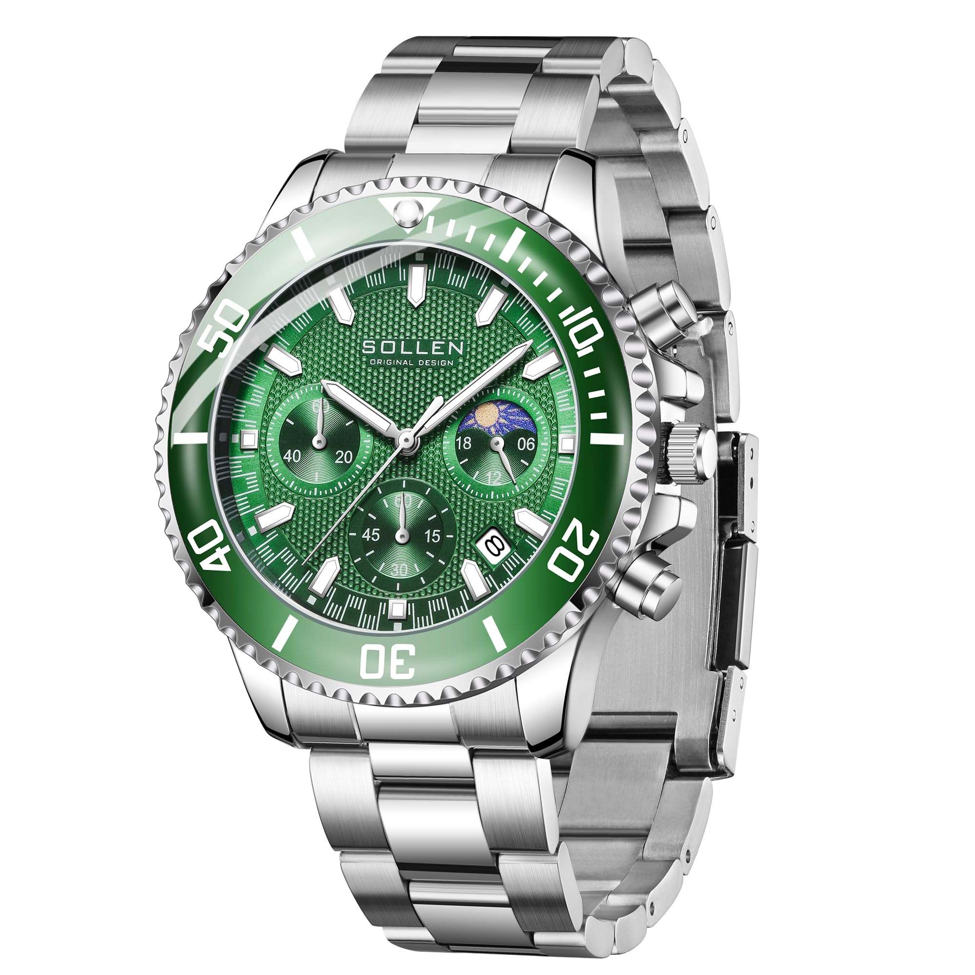 Green Men's Chronograph Watch, Dress Classic Analog Moon Phase - Product Imagery