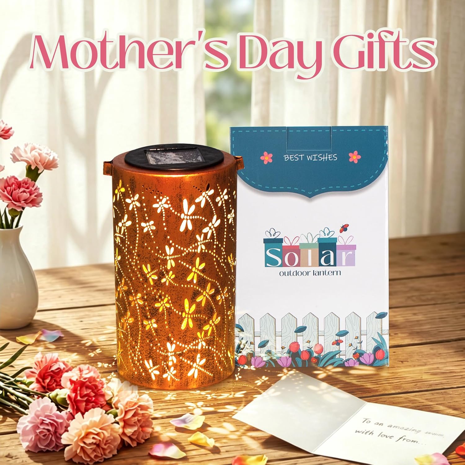 DIBIEECN outdoor solar lanterns with floral designs, perfect for Mother's Day or birthday gifts for grandma and mom.