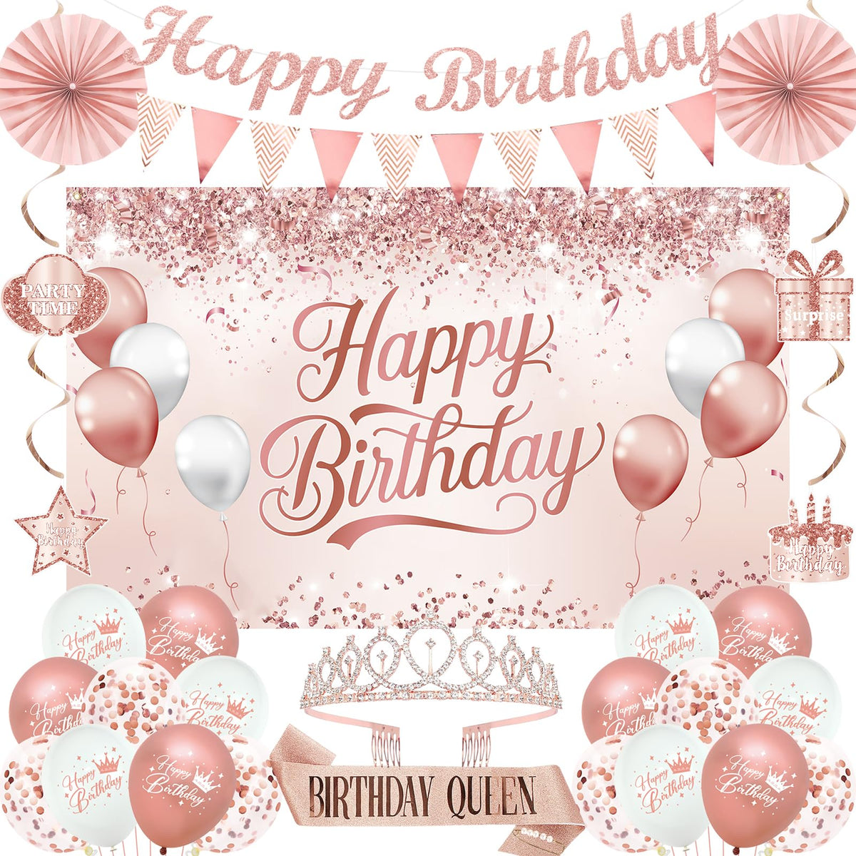 Birthday Decorations Party Set for Women Girls Rose Gold - Trgowaul Official Imagery - 2