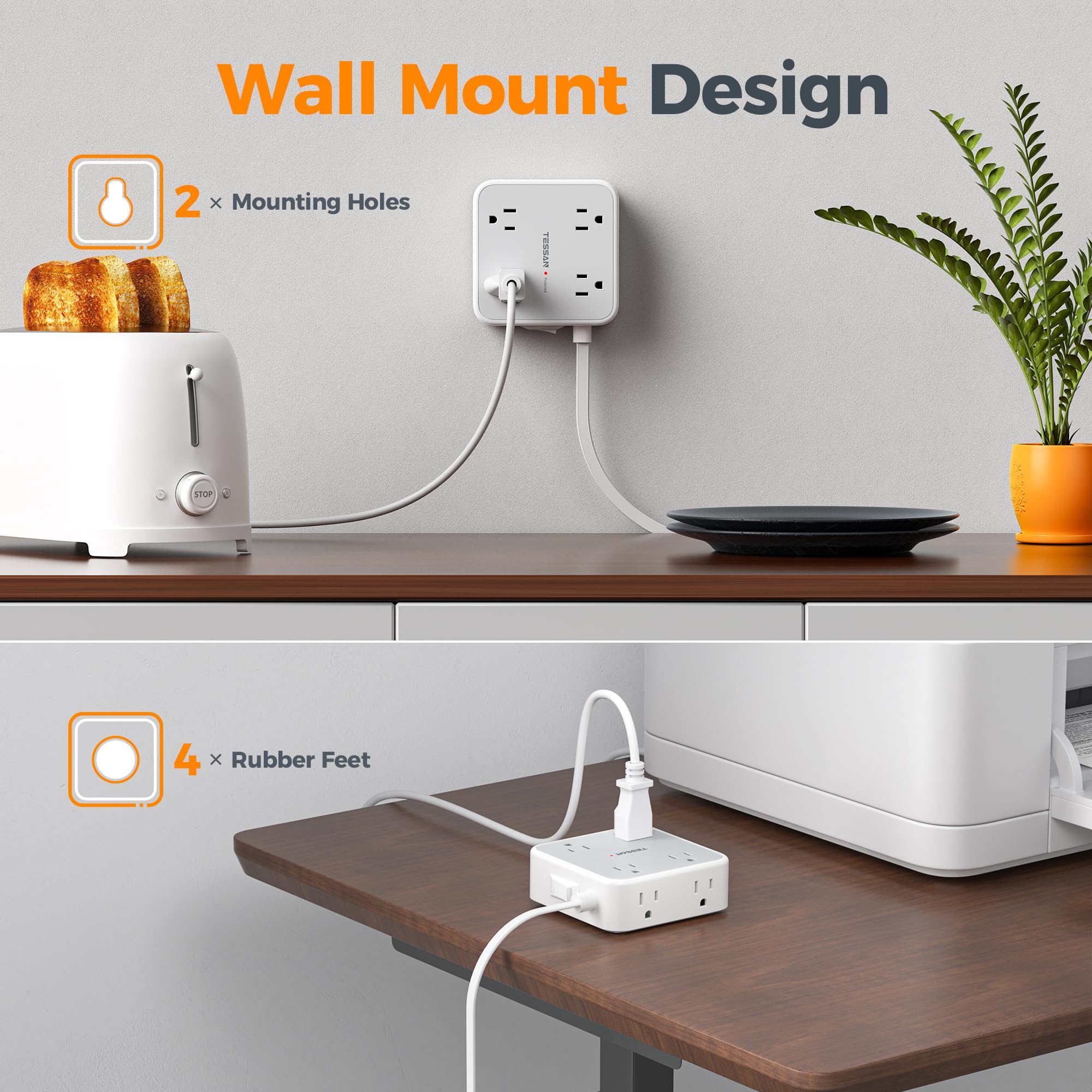TESSAN grey surge protector power strip with 10-foot cord and 900J surge protection, shown with multiple outlets and power switches.
