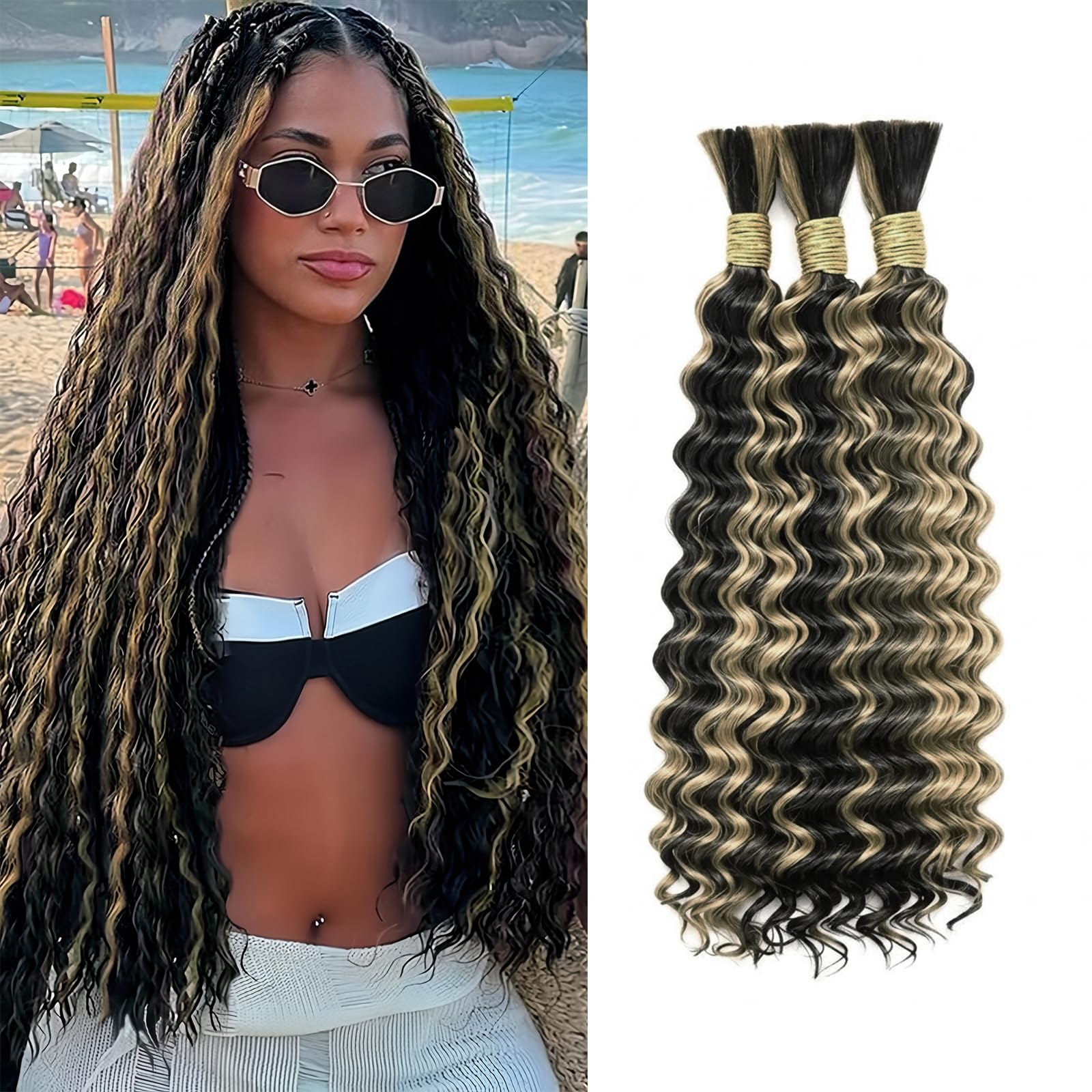 P1B/27 Honey Blonde Deep Wave Human Braiding Hair 32 Inch Bulk Extensions