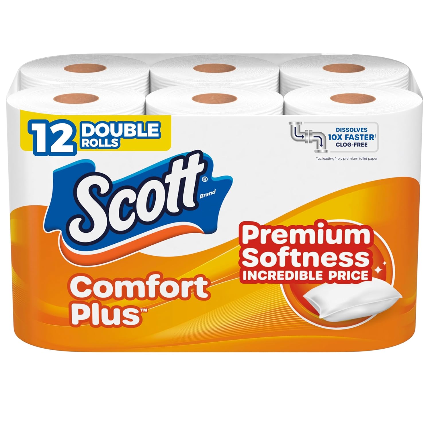 Scott ComfortPlus Toilet Paper, 12 Double Rolls, 231 Sheets per Roll, Septic-Safe, 1-Ply