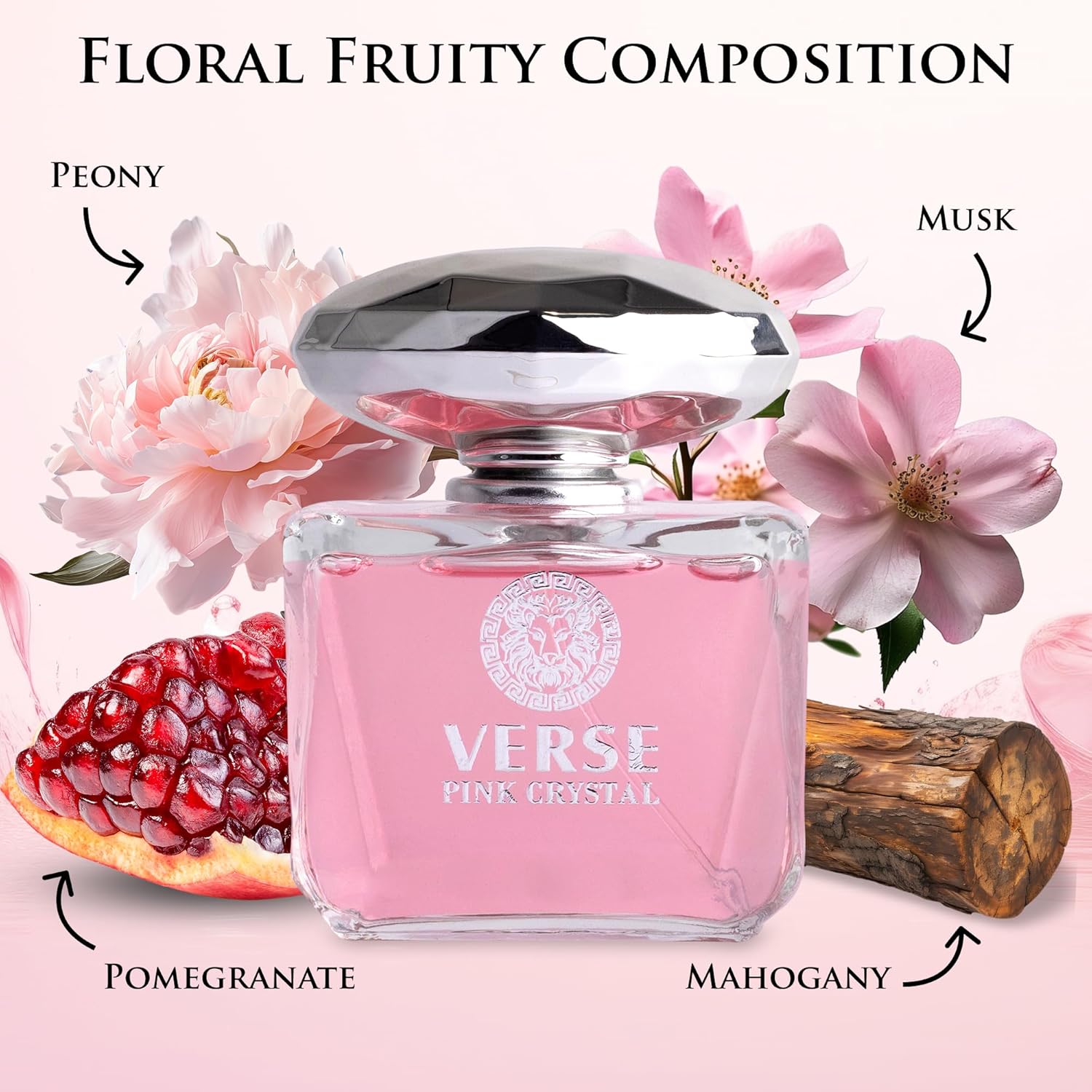 NovoGlow Verse Pink Crystal Eau De Parfum for Women with pomegranate top notes, featuring a elegant pink bottle.