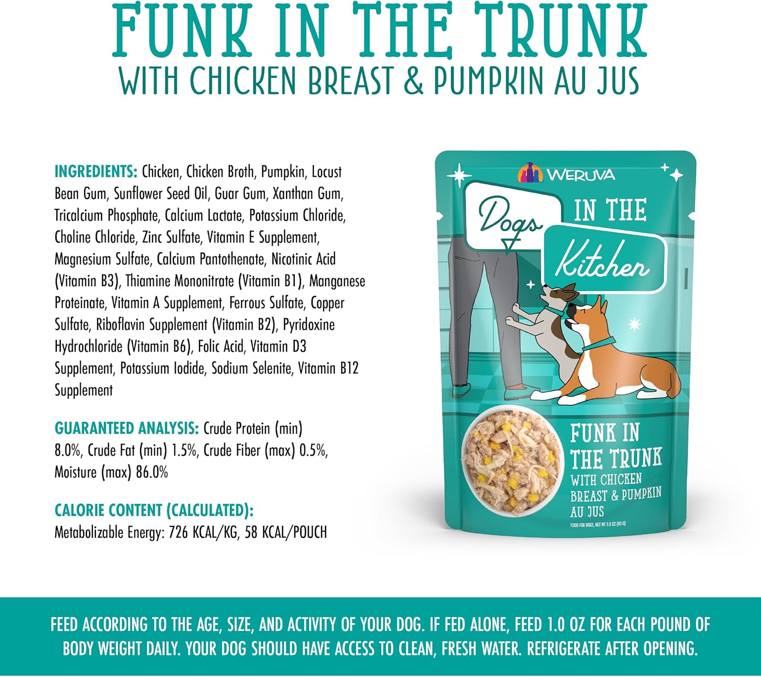 Weruva Dogs in The Kitchen Funk in The Trunk dog food with chicken breast and pumpkin, showing a bowl of the wet dog food.