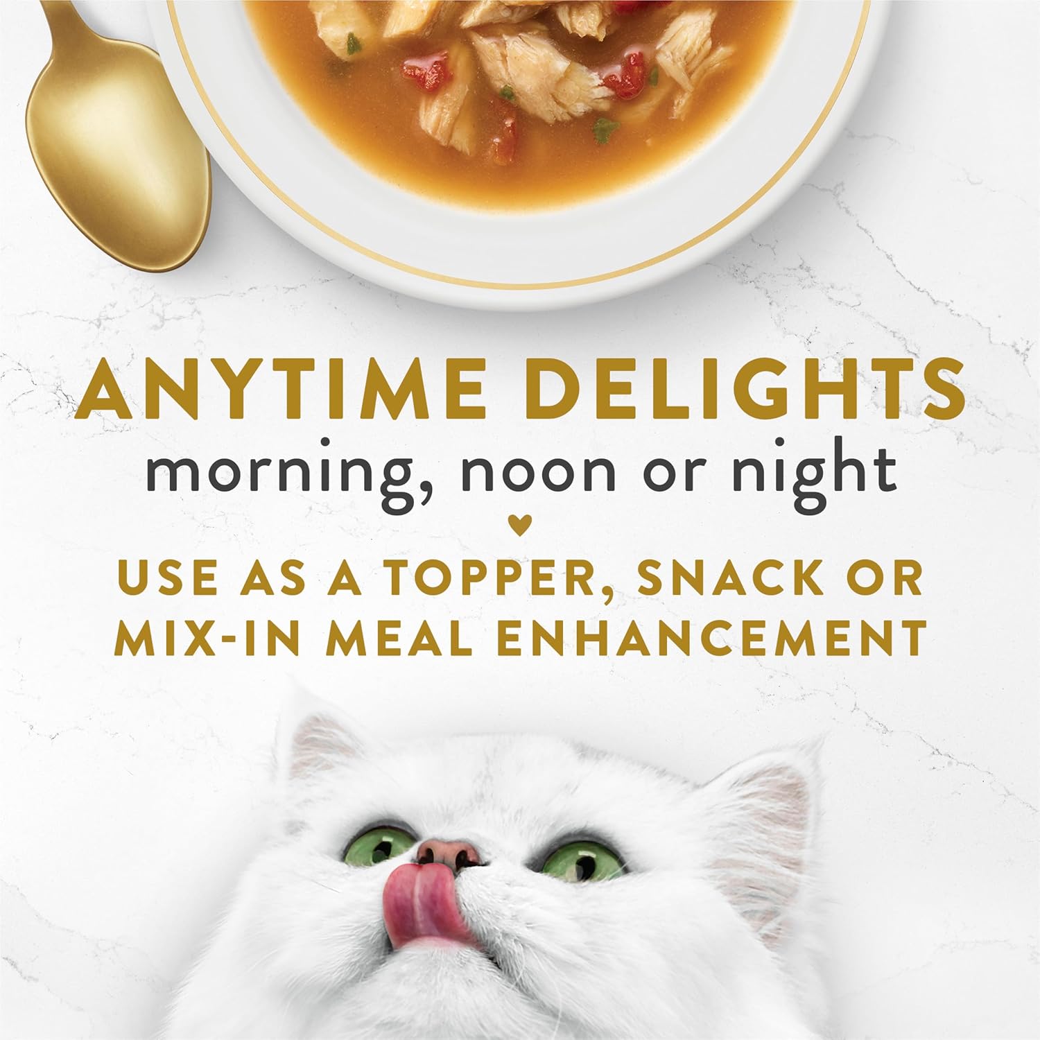 Fancy Feast Lickable Wet Cat Food Broth Topper Seafood Bisque with accents in a clear dish