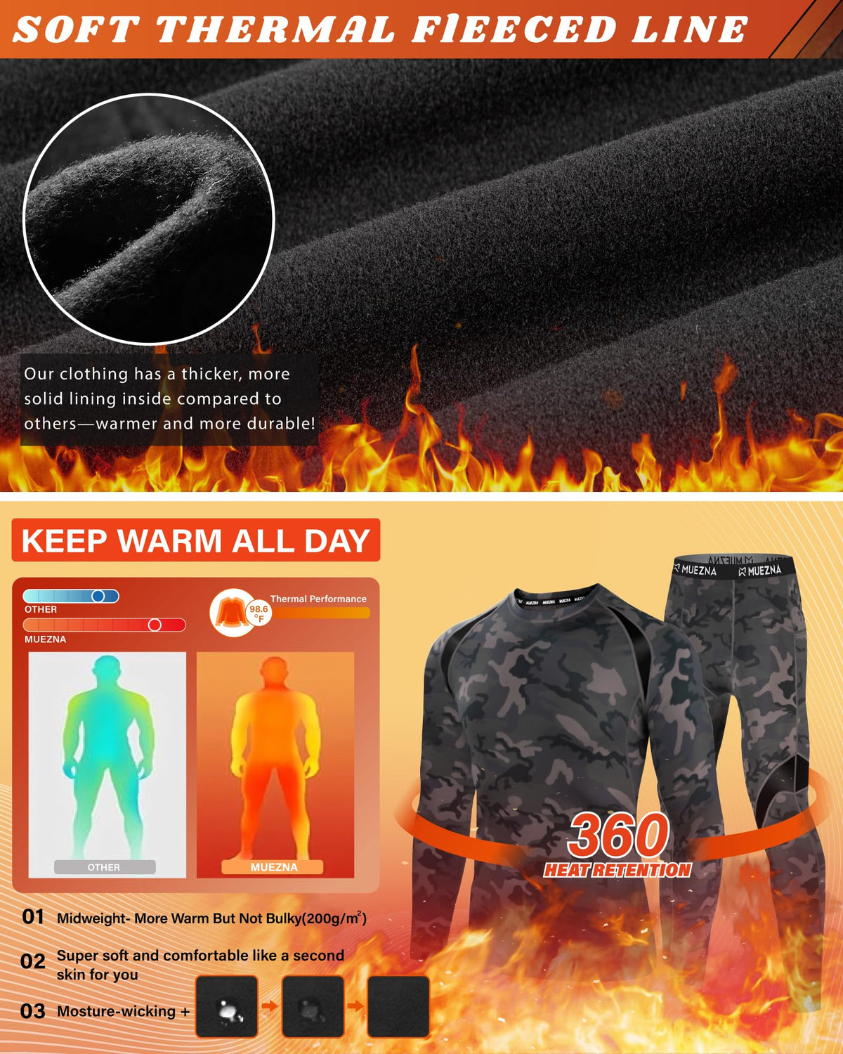 Muezna Men s Thermal Top and Bottom Set Underwear Long Johns - Muezna Official Imagery - 3