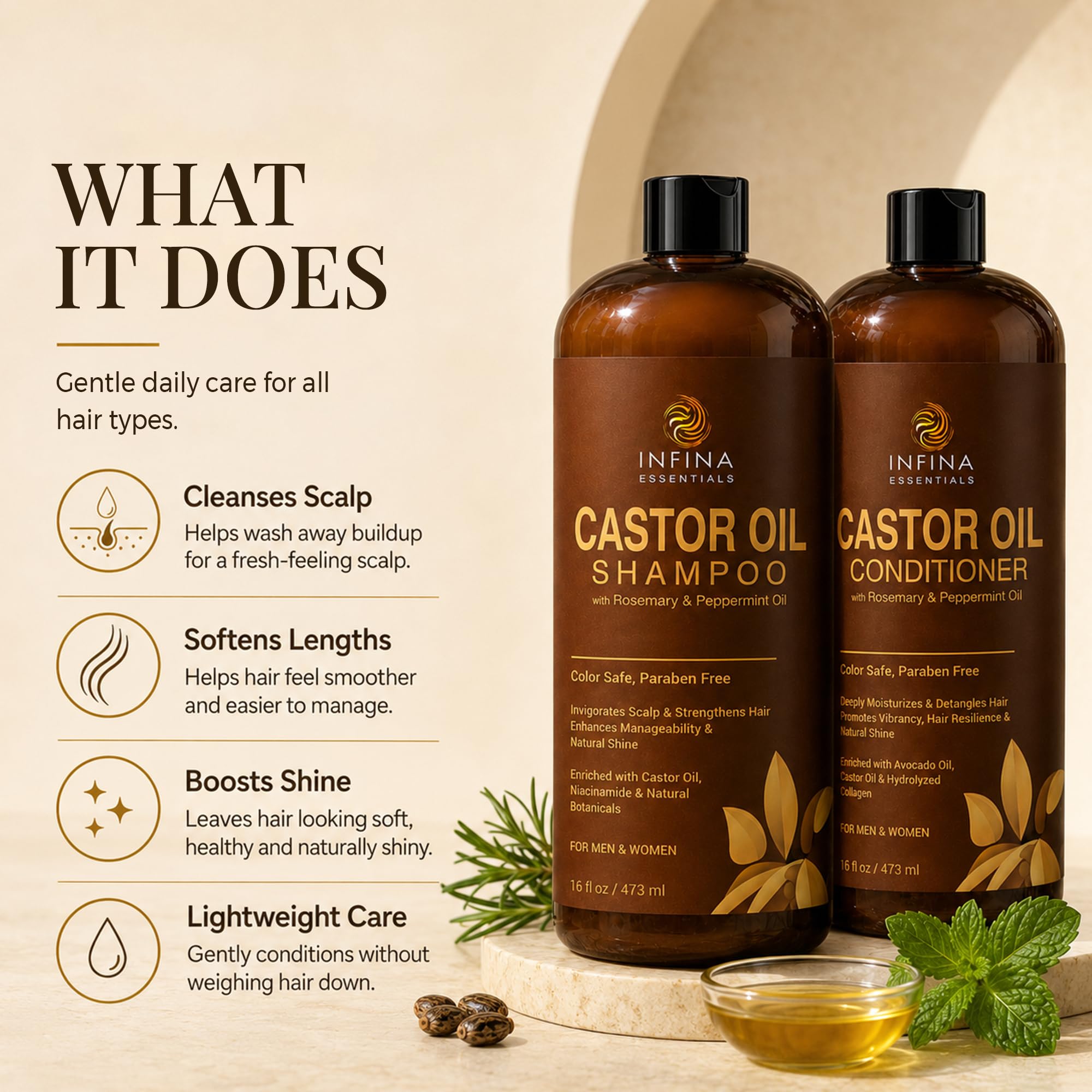 INFINA ESSENTIALS Castor Oil Shampoo and Conditioner Set for Hair Growth, 16 fl oz - INFINA ESSENTIALS Official Product View 3