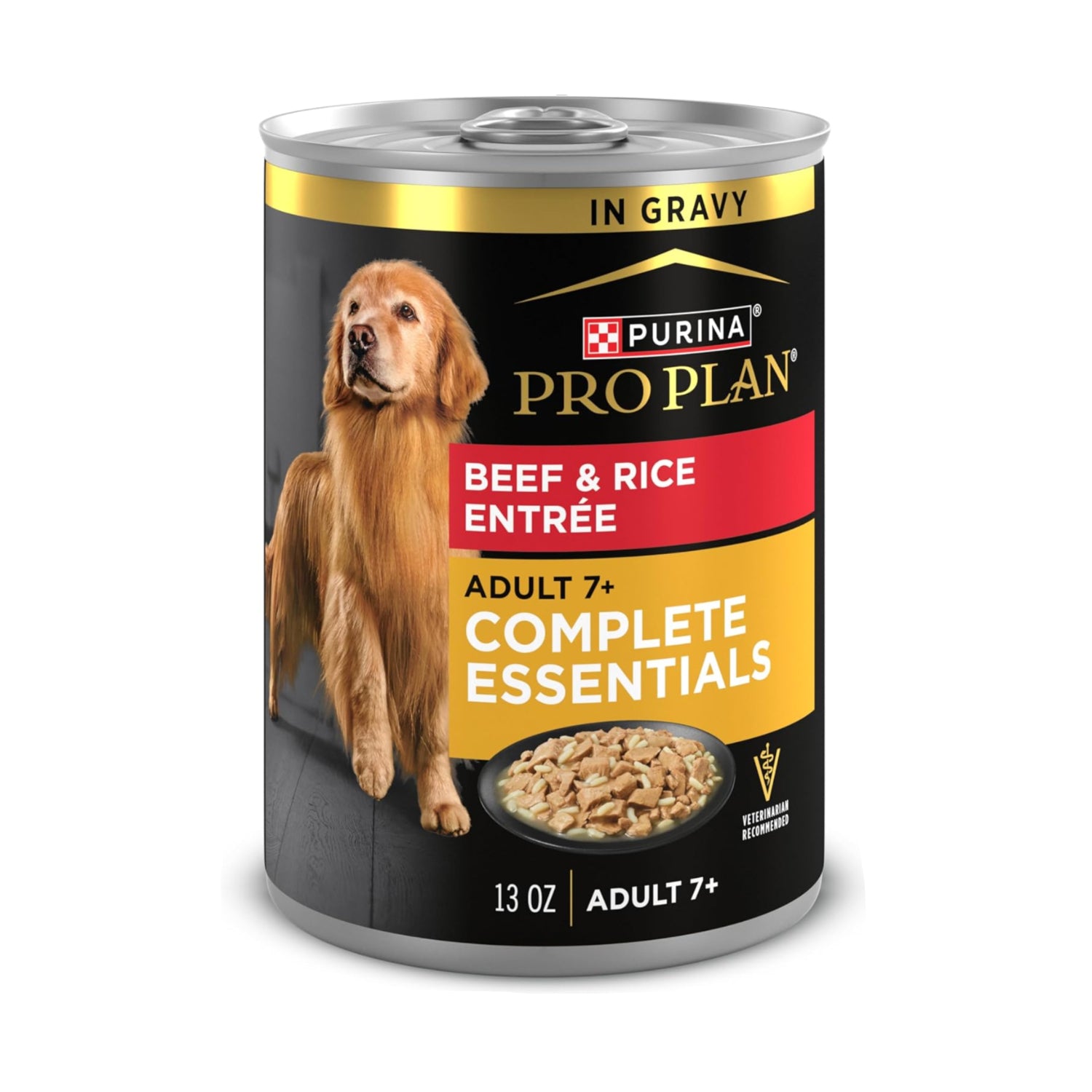 Elefair Purina Pro Plan Adult 7 Plus Beef and Rice wet dog food cans, 13 oz, with gravy, pack of 12