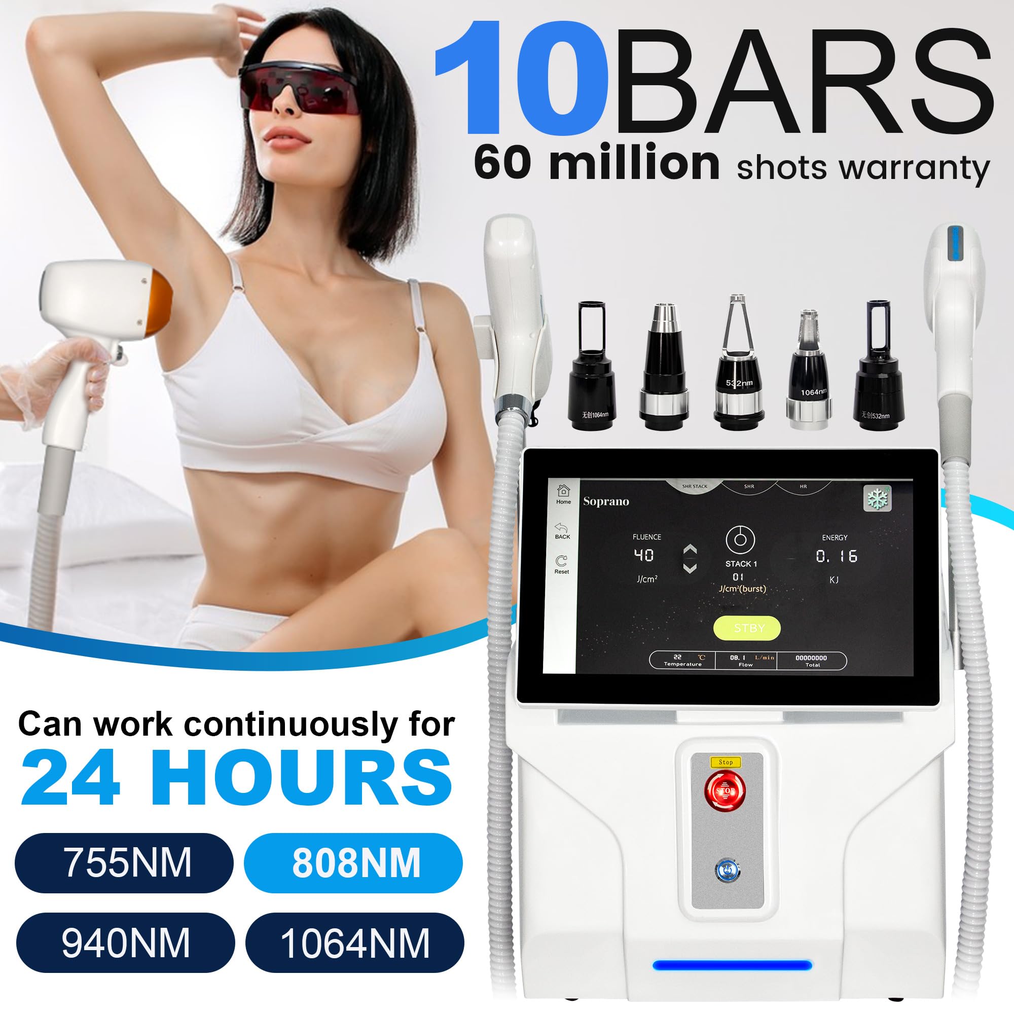 Generic 10-Bar 2-in-1 808nm laser hair removal machine with FAC tech for effective beauty treatments, shown with sleek design and controls.