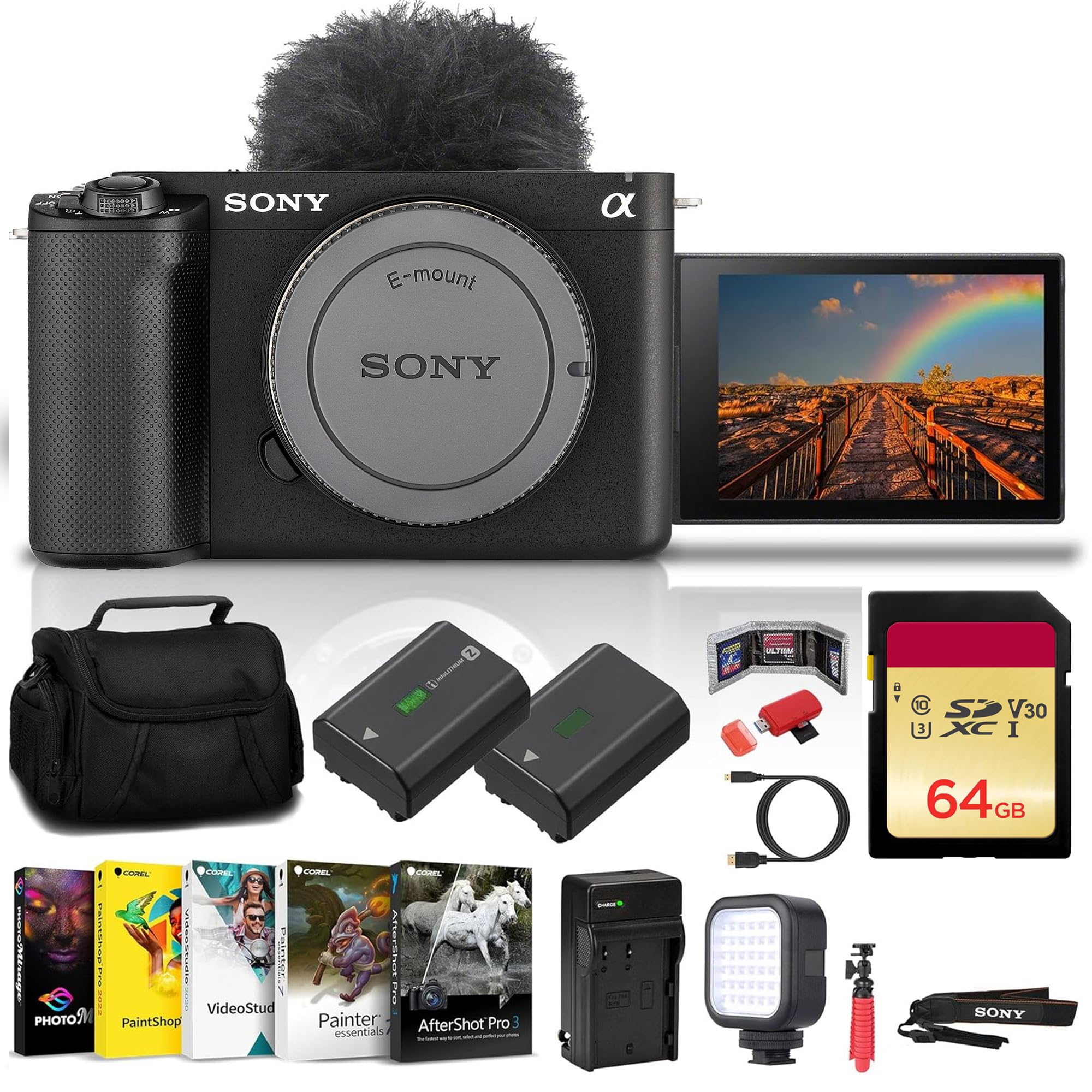 Sony Alpha ZV-E1 Full-Frame Vlog Mirrorless Lens Camera (Black) (ILCZVE1/B) + Case + 64GB Card + NP-FZ100 Compatible Battery + Charger + LED Light + Photo Software + Card Reader + More (Renewed)