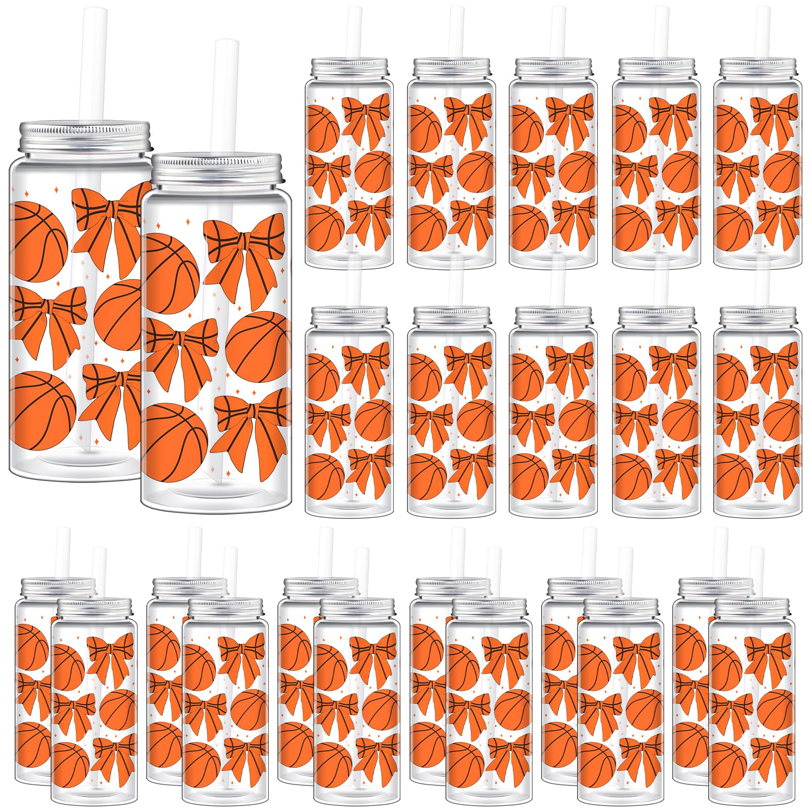 24 Pack 14.2 oz Plastic Basketball Cups with Lids and Straws - Product Imagery
