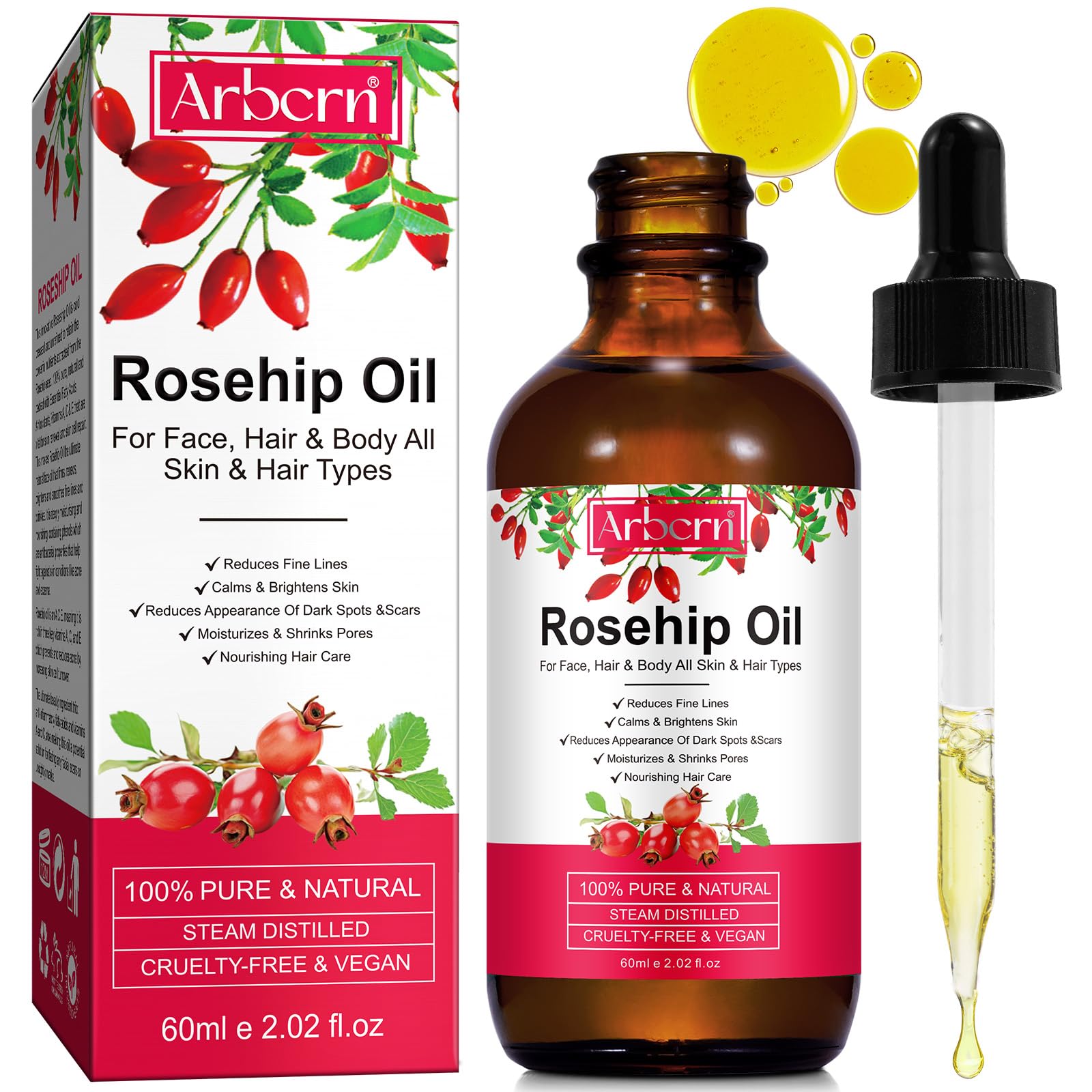 A r b c r n Rosehip Oil for Face,100% Pure Rosehip Seed Oil Cold Pressed - A r b c r n Official Product View 2