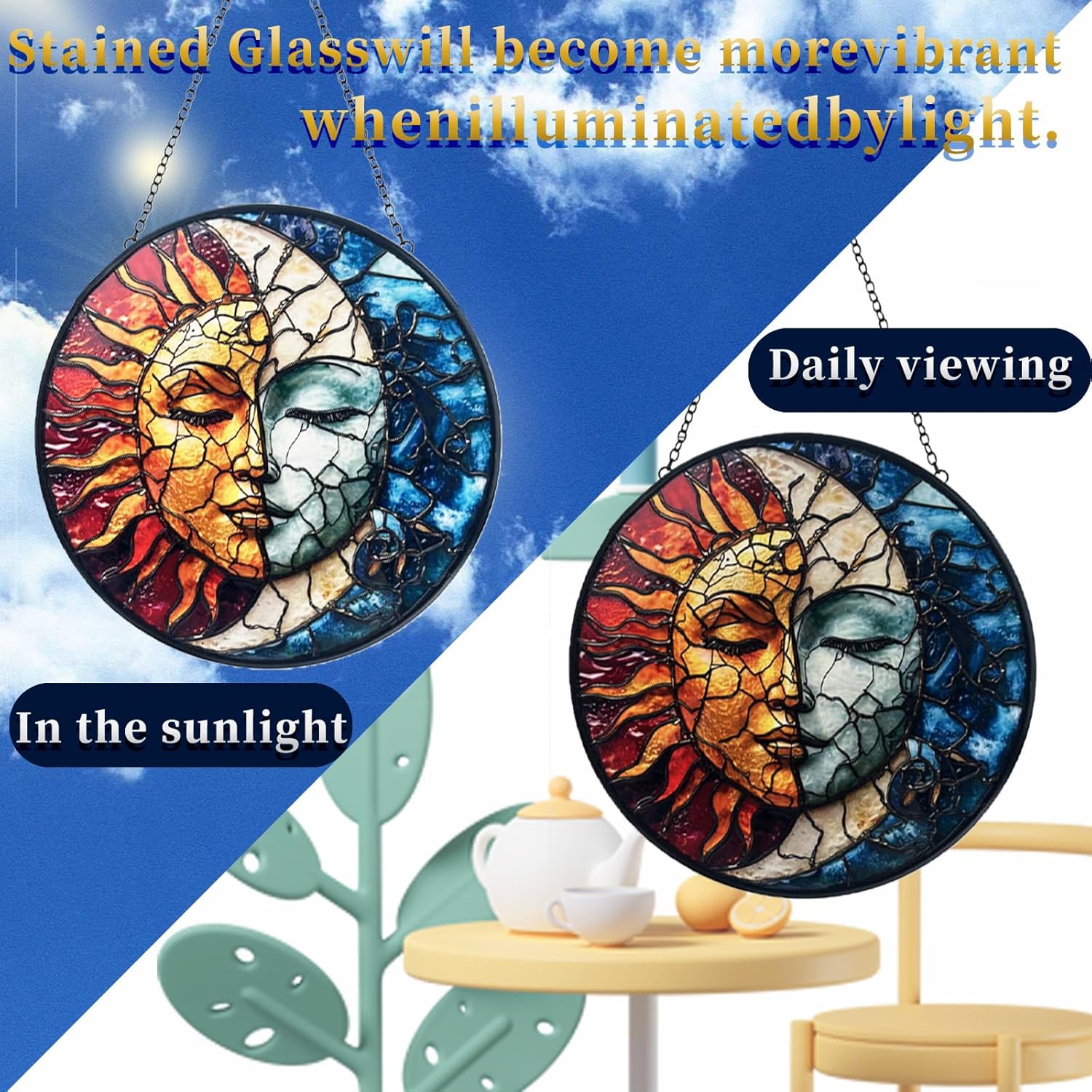 Colorful sun and moon stained glass suncatcher hanging, decorative window decor by Giftway featuring vibrant glass design.