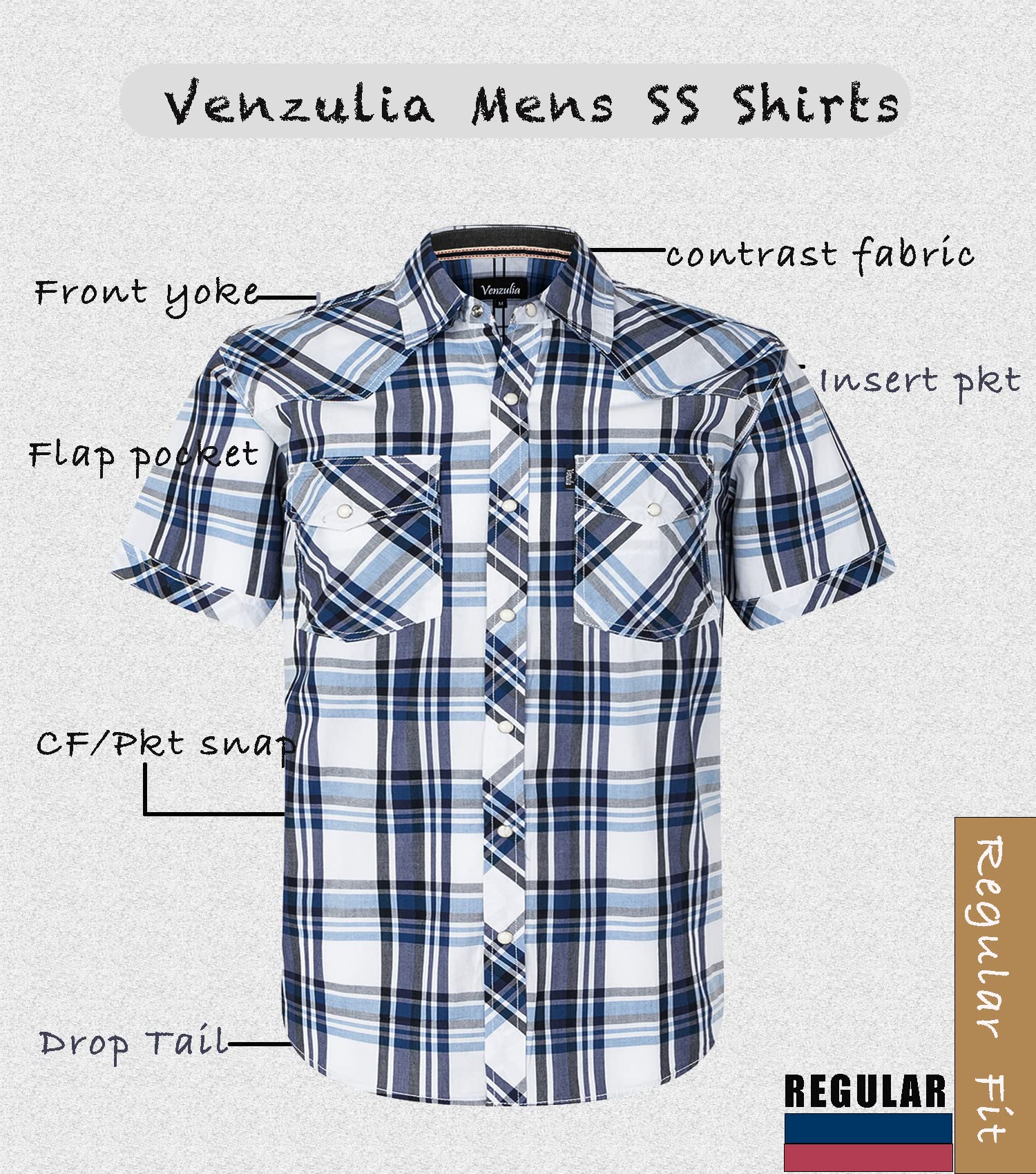 VENZULIA Men's Western Snap Casual Shirt Two Pocket Short Sleeve Shirt - VENZULIA Official Product View 3