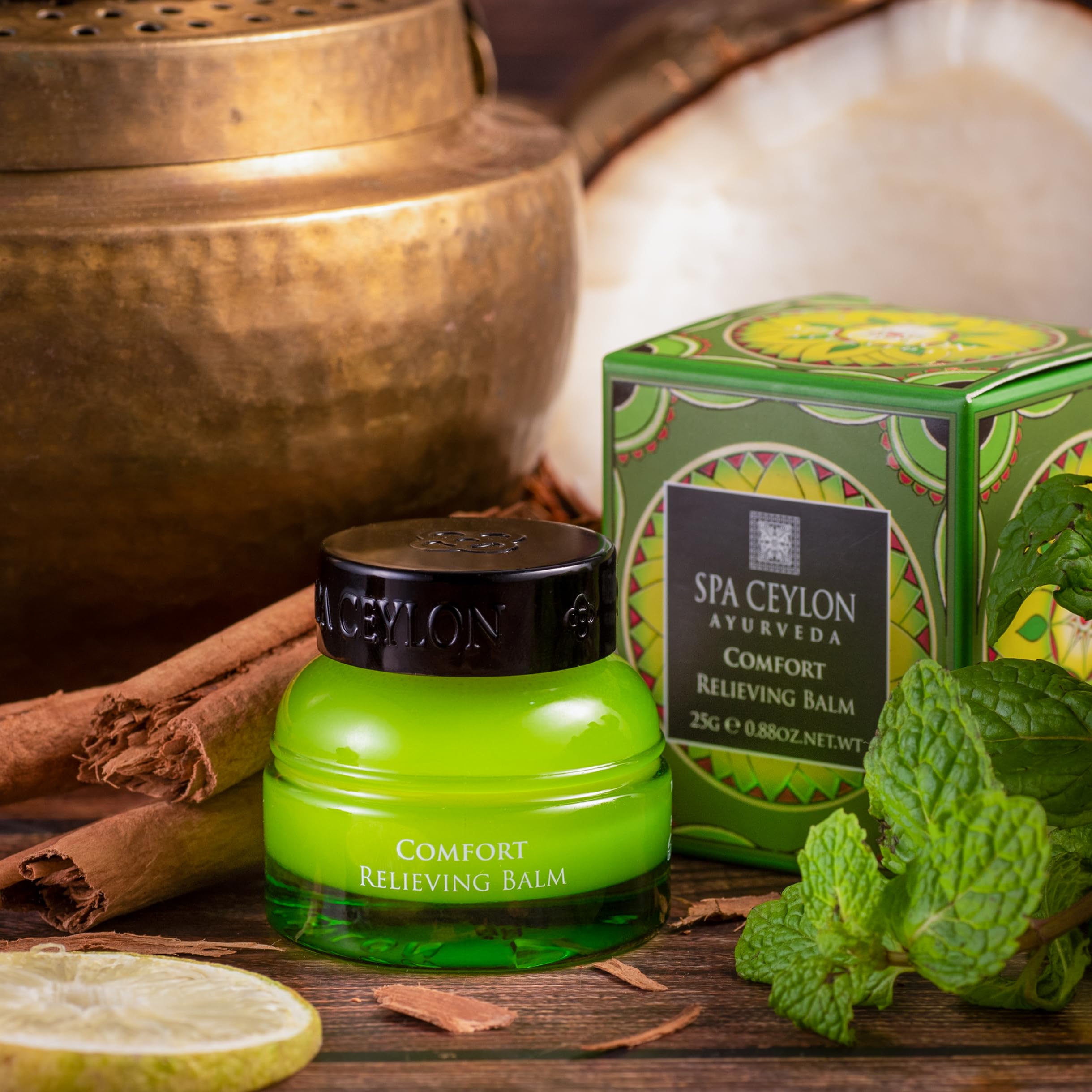 SPA CEYLON Ayurveda Comfort herbal balm skin moisturizer in a jar, emphasizing its soothing herbal ingredients and creamy texture.
