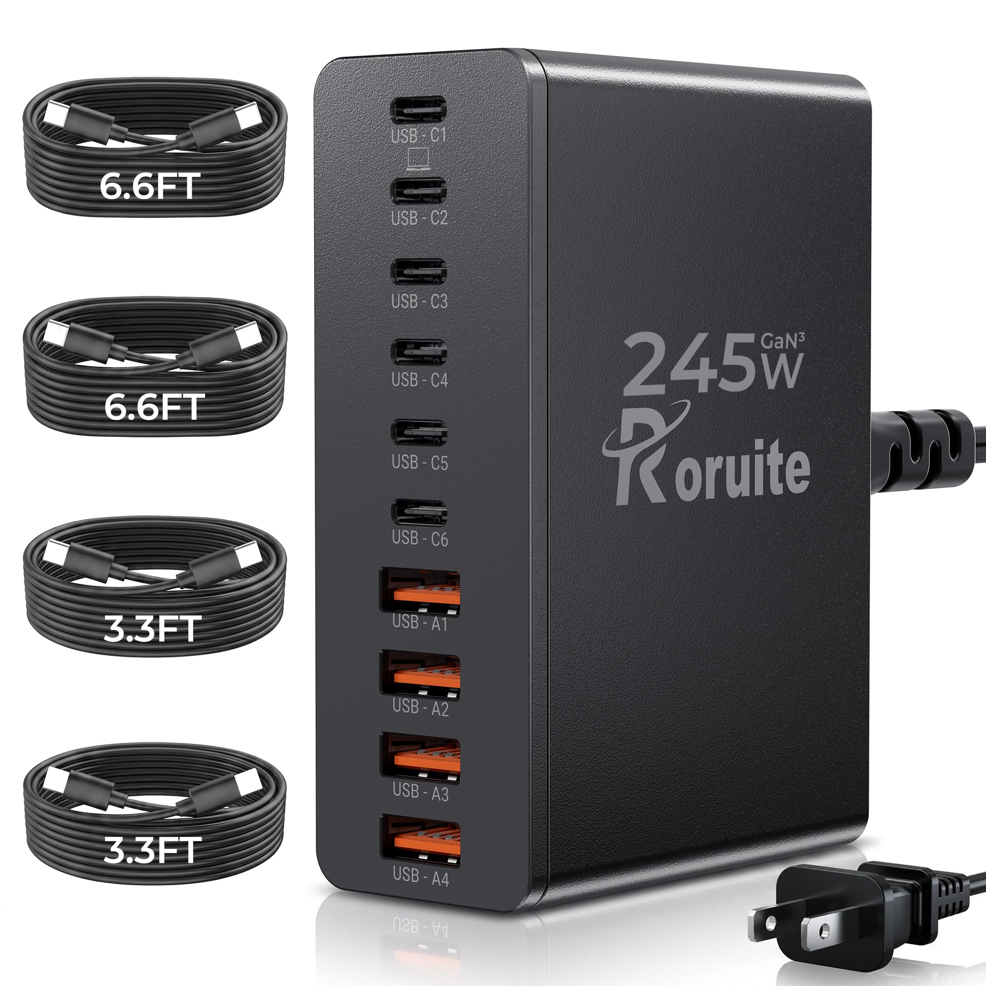 Roruite USB C Charging Station 10 Port with 4 Cables,245W GaN Cha by Roruite - Angle View 1