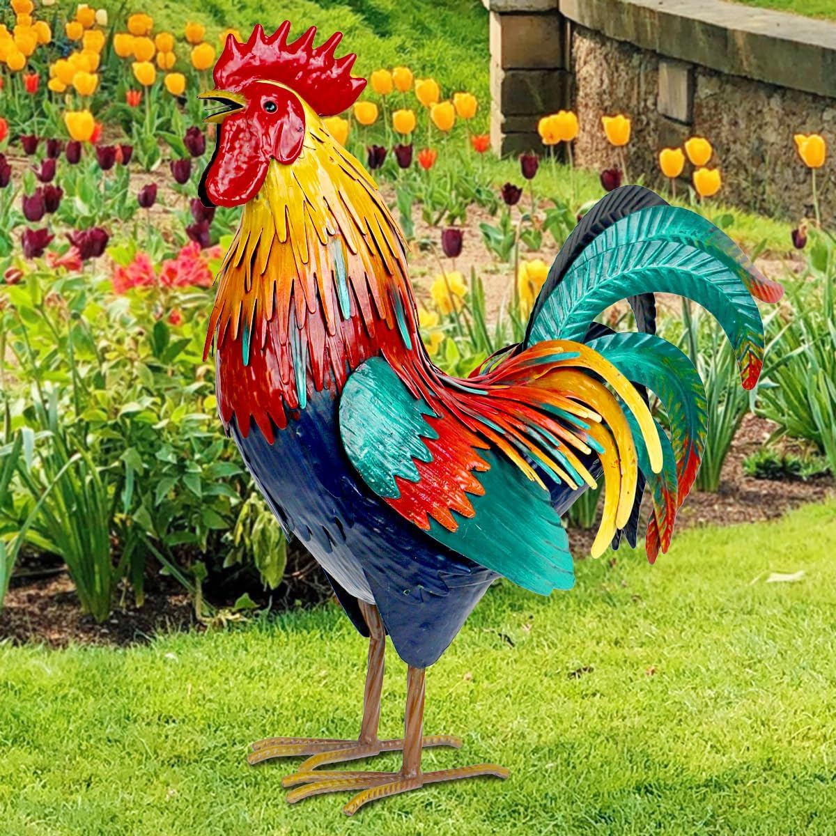 Kircust metal rooster garden statue for outdoor yard decor, featuring a detailed chicken design for garden ornamentation.