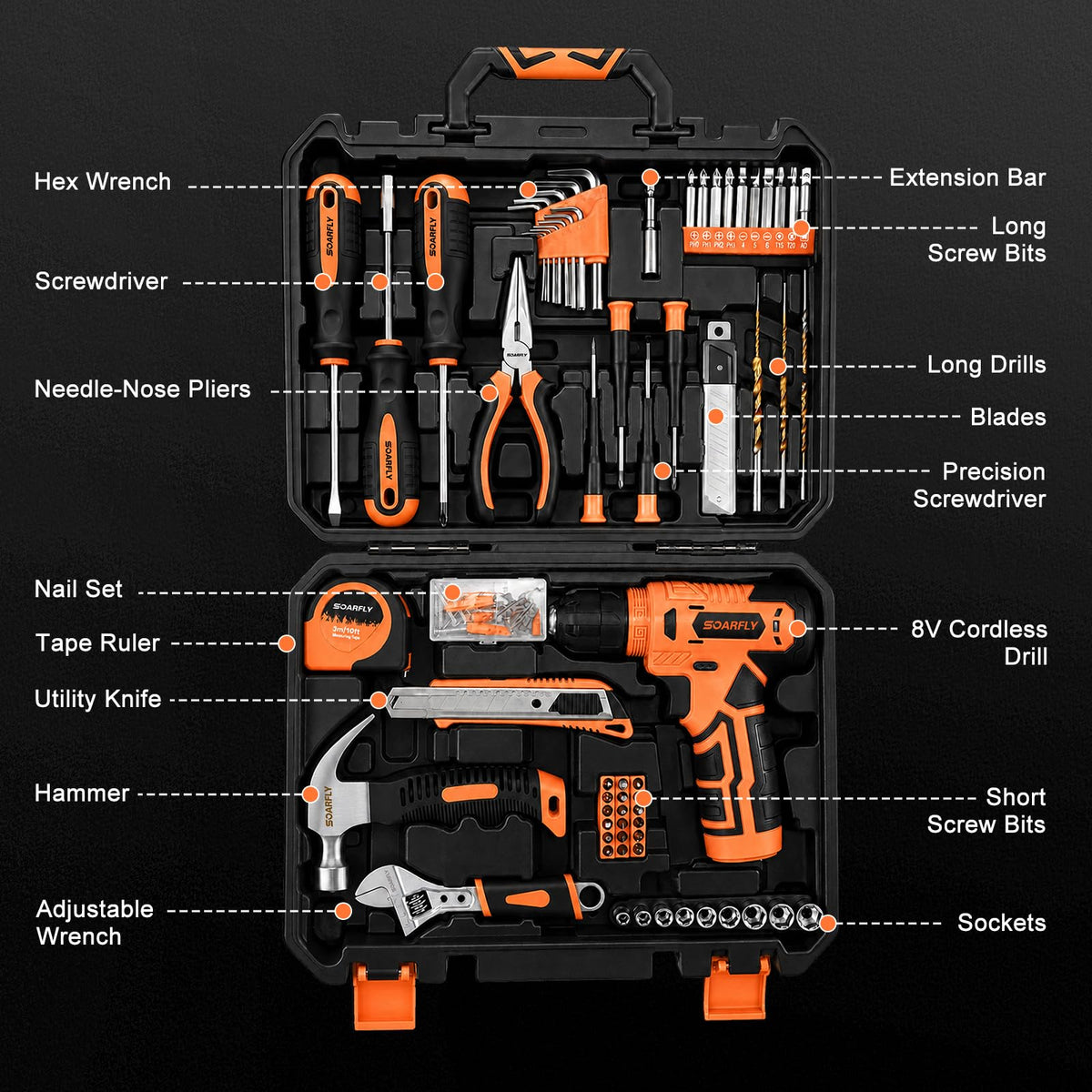 157 Piece Tool Set 8V Cordless Drill Set Hand Tool Kit for - SOARFLY Official Imagery - 3
