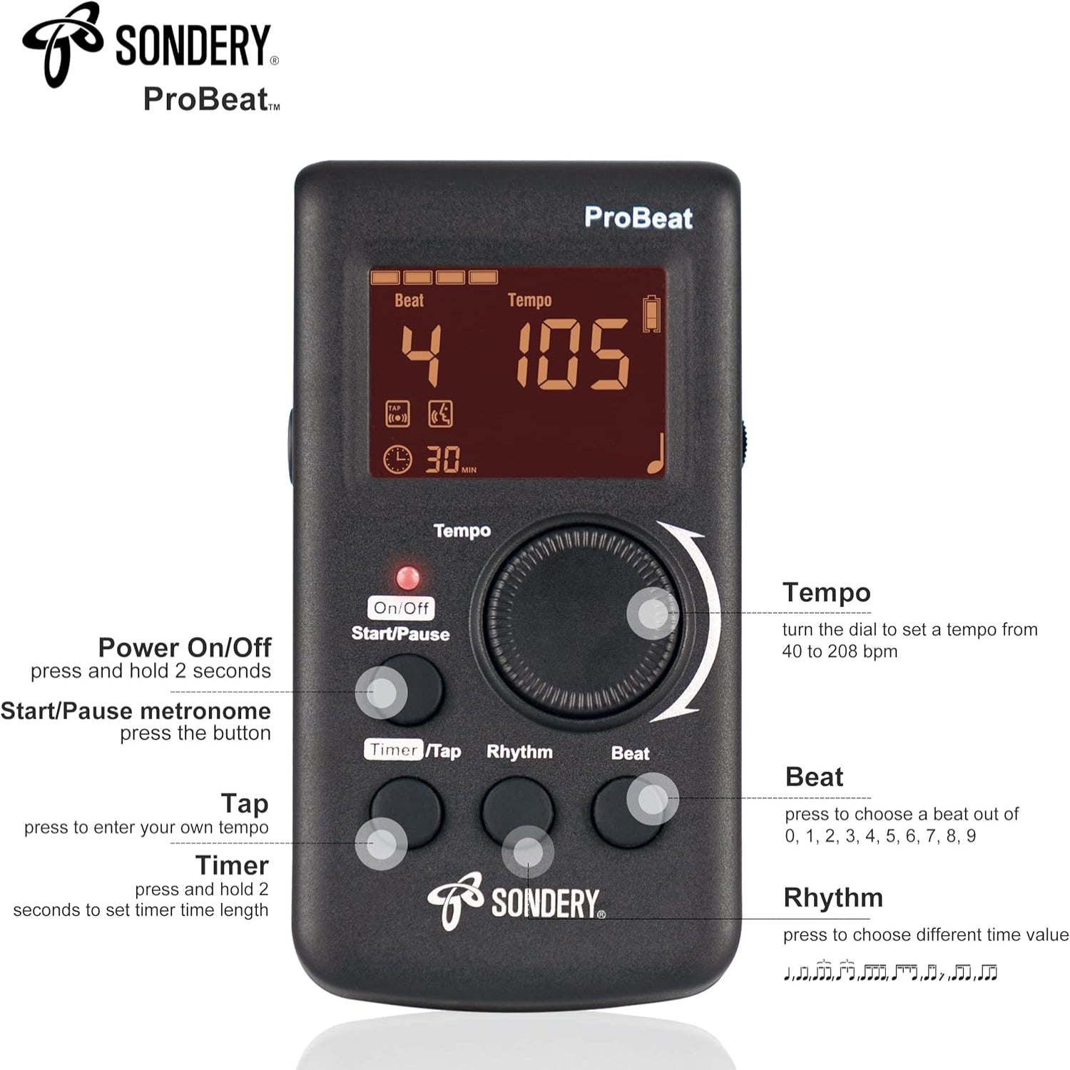 Sondery digital metronome with rechargeable battery, English vocal counting, and timer display for musicians and practice sessions.