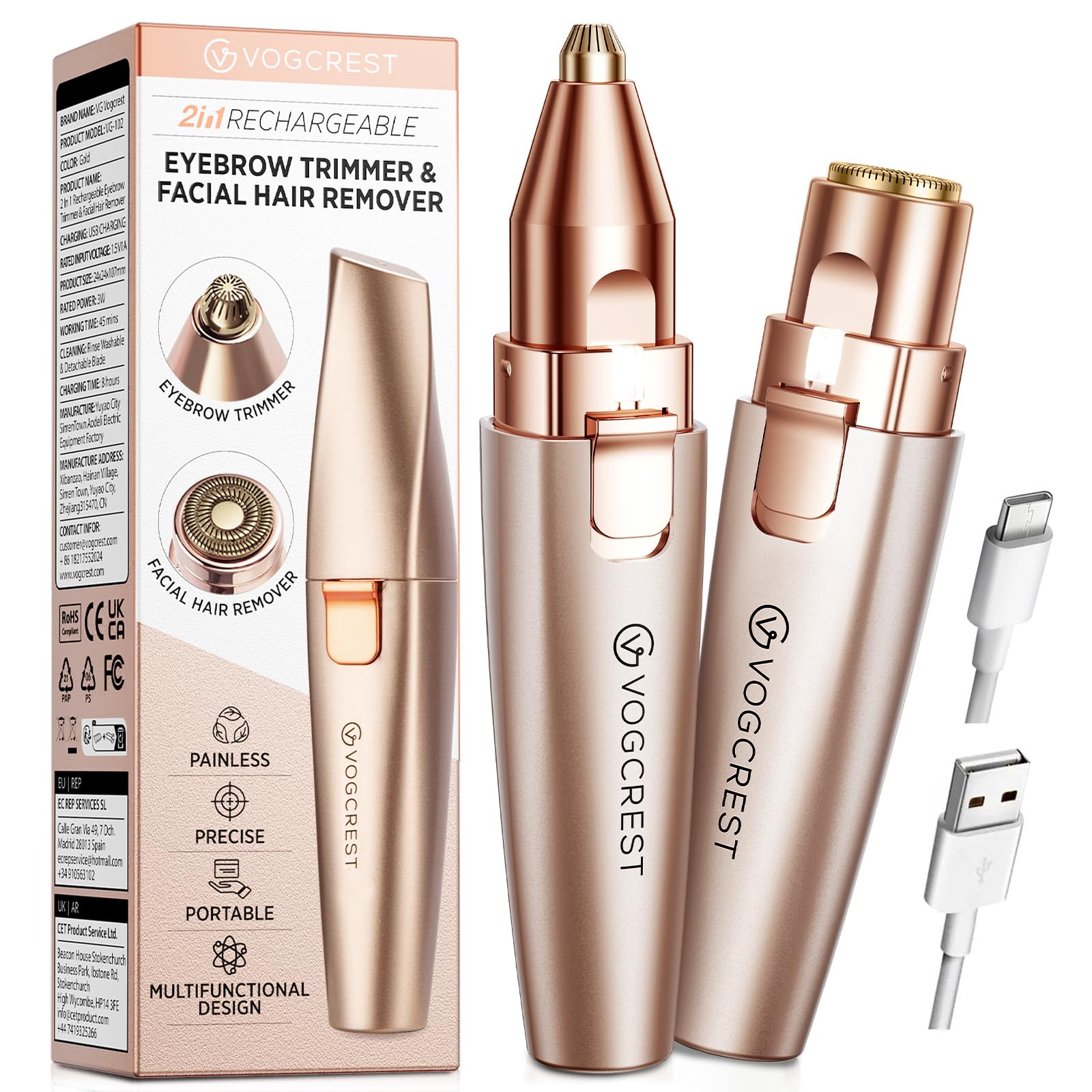 VG VOGCREST Eyebrow & Facial Trimmer: 2 in1 Rechargeable Facial - Product Imagery