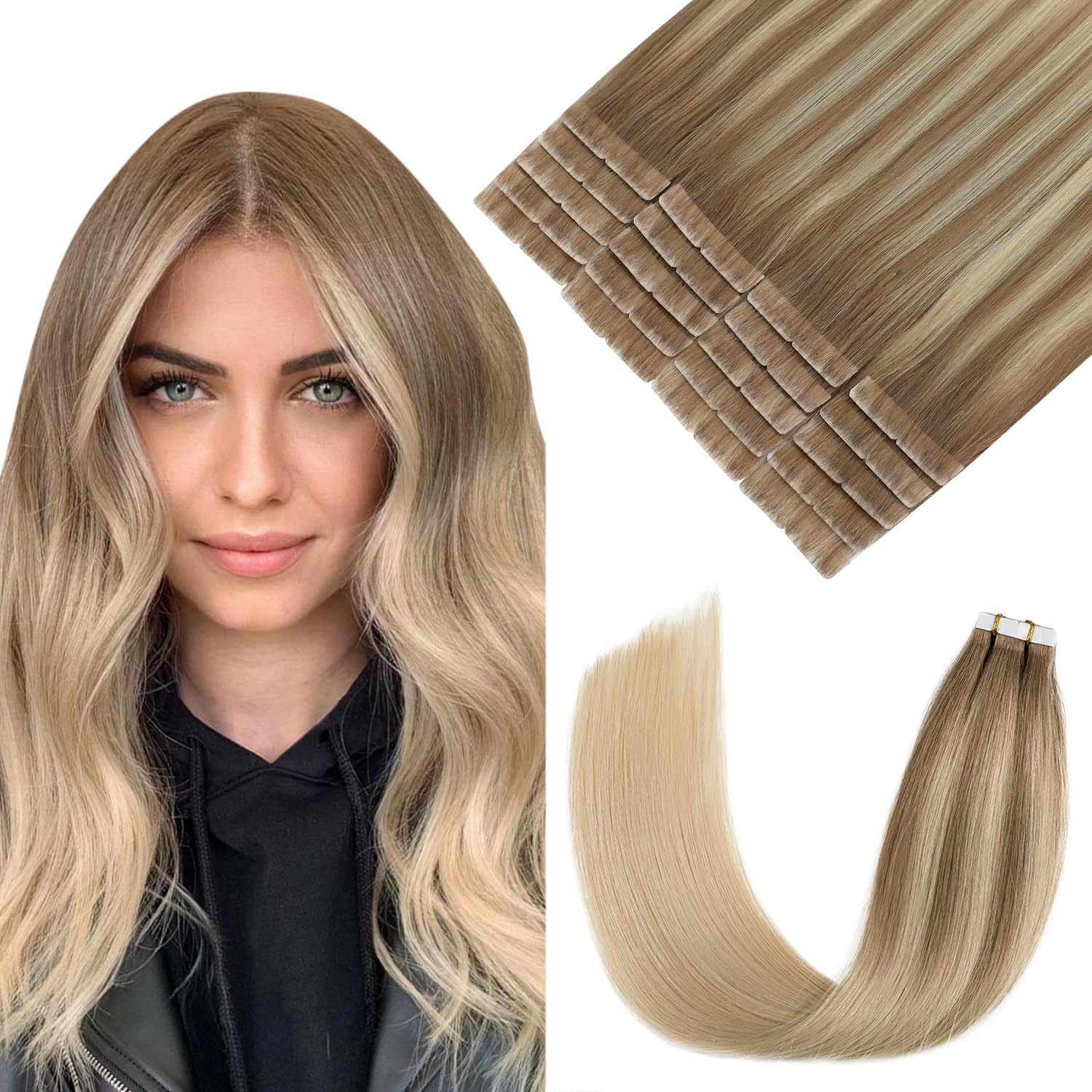 Pinkpearl invisible tape-in hair extensions, 20-piece set, human hair, 22 inches long, lightweight for natural-looking volume.