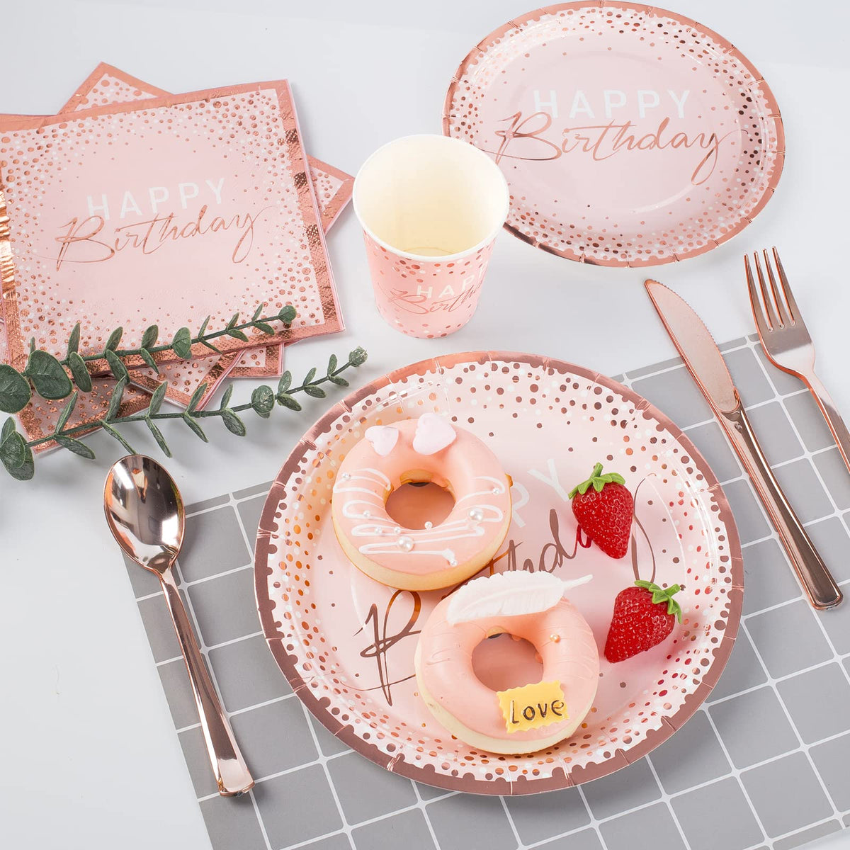 175PCS Pink and Rose Gold Birthday Paper Plates Dinnerware - Tyzarglef Official Imagery - 6