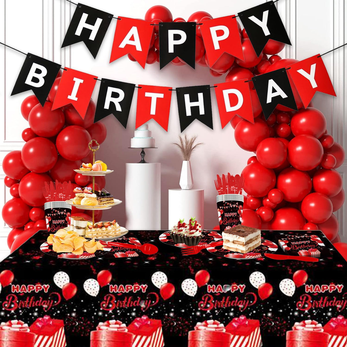142Pcs Red and Black Birthday Party Tableware Set Inculde - Esyzpesai Official Imagery - 3