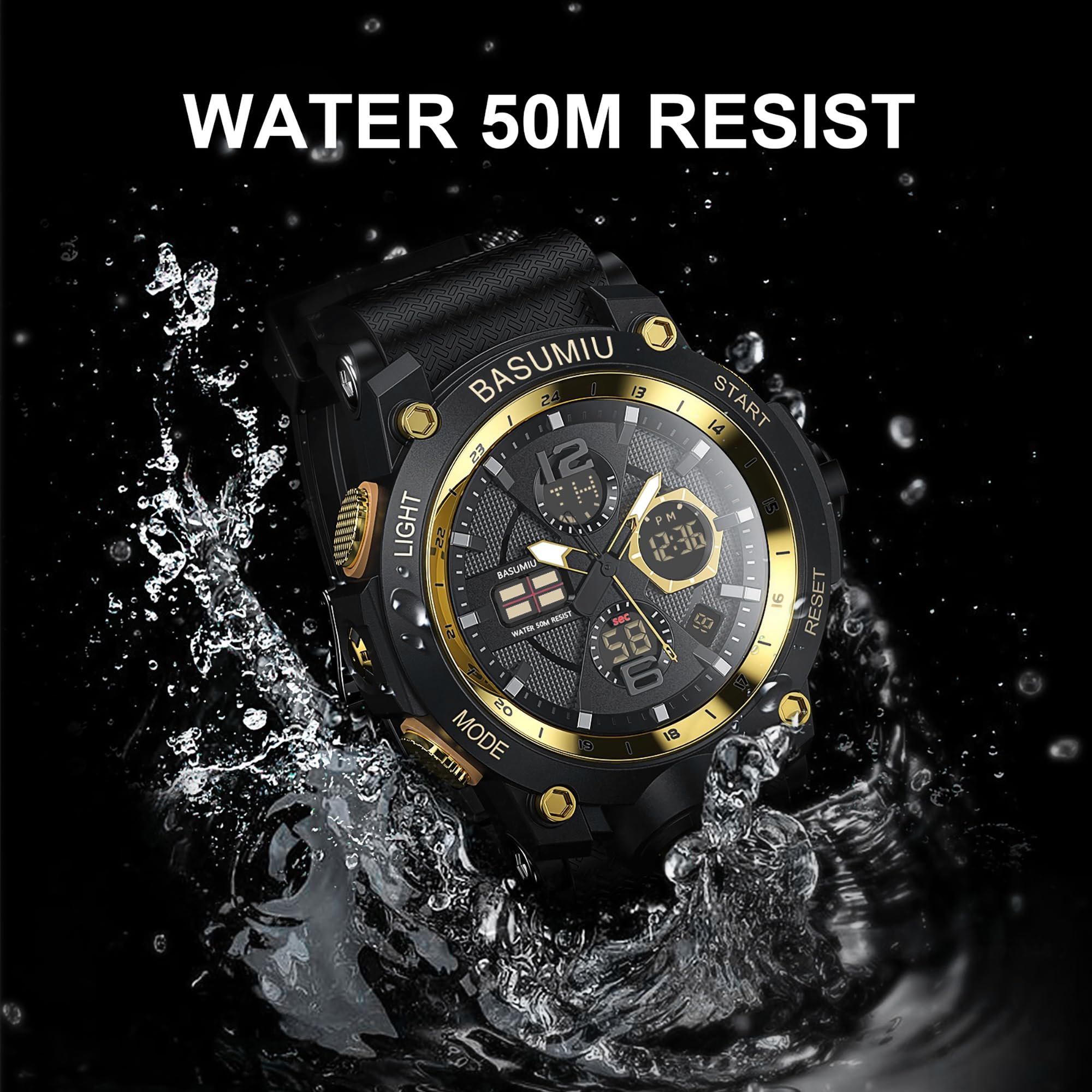 BASUMIU Men's Tactical Sports Watch – Dual Display, Waterproof