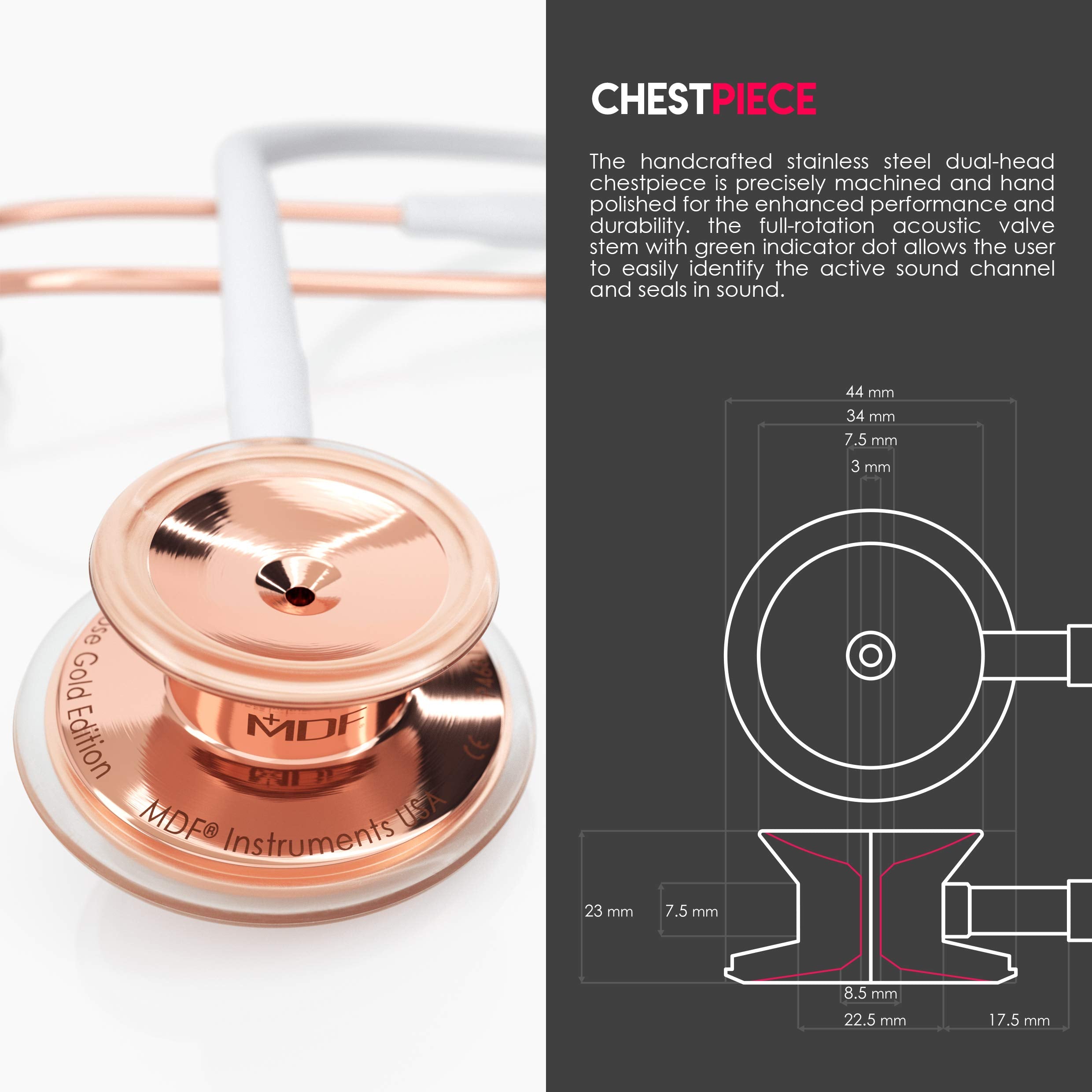 MDF Instruments, Rosegold MD One Stainless Steel Stethoscope, Adult, White Tube, Rosegold Chestpieces-Headset, MDF777RG29