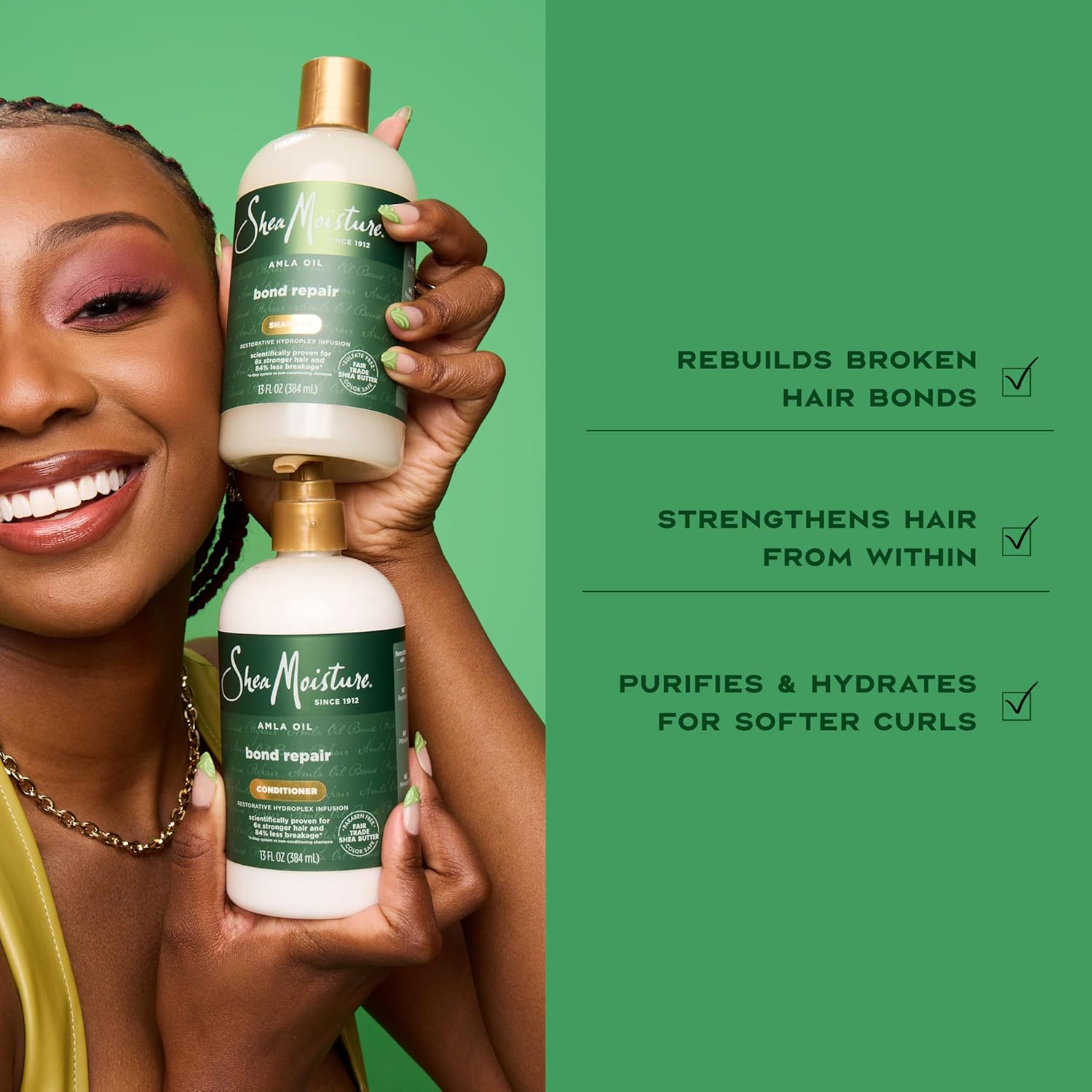 Shea Moisture Amla Oil Bond Repair System for hair strengthening, featuring bottles of shampoo, conditioner, and treatment.