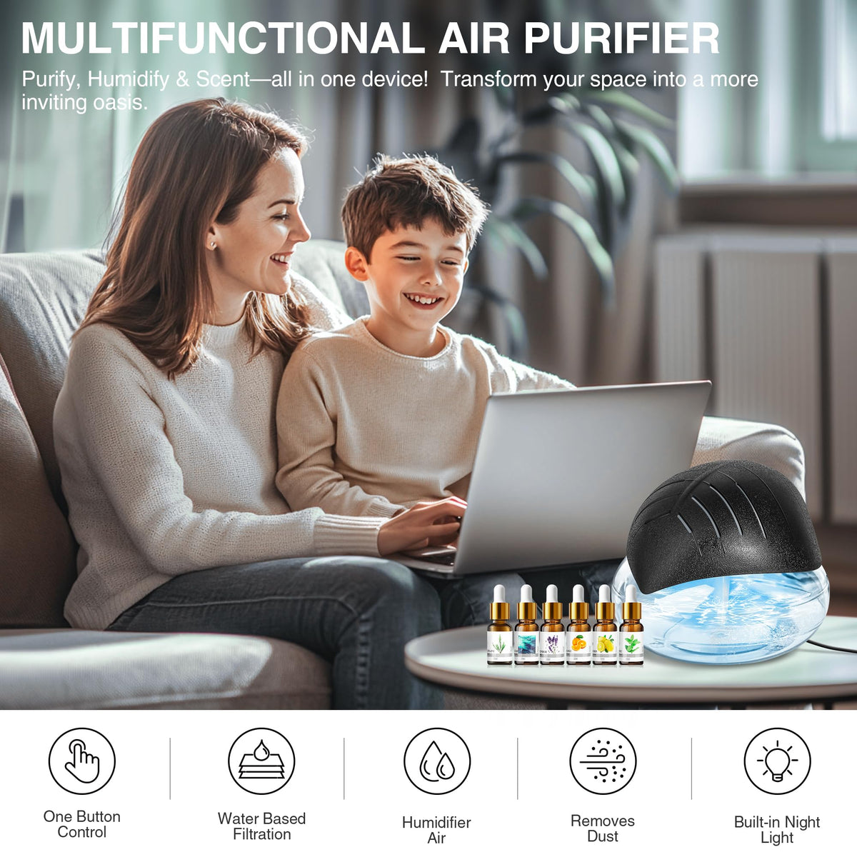 Water Air Purifier for Home with Essential Oil Diffuser - RetroStick Official Imagery - 4