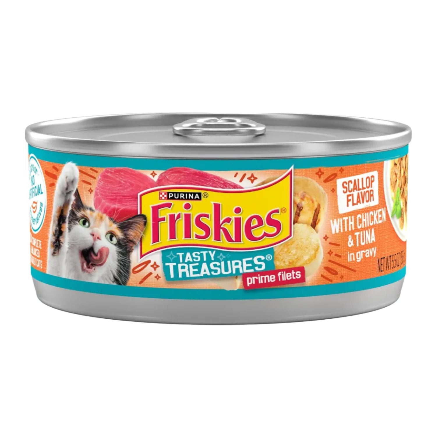 Friskies Tasty Treasures wet cat food cans with chicken and tuna in gravy, scallop flavor, 5.5 oz, pack of 24.