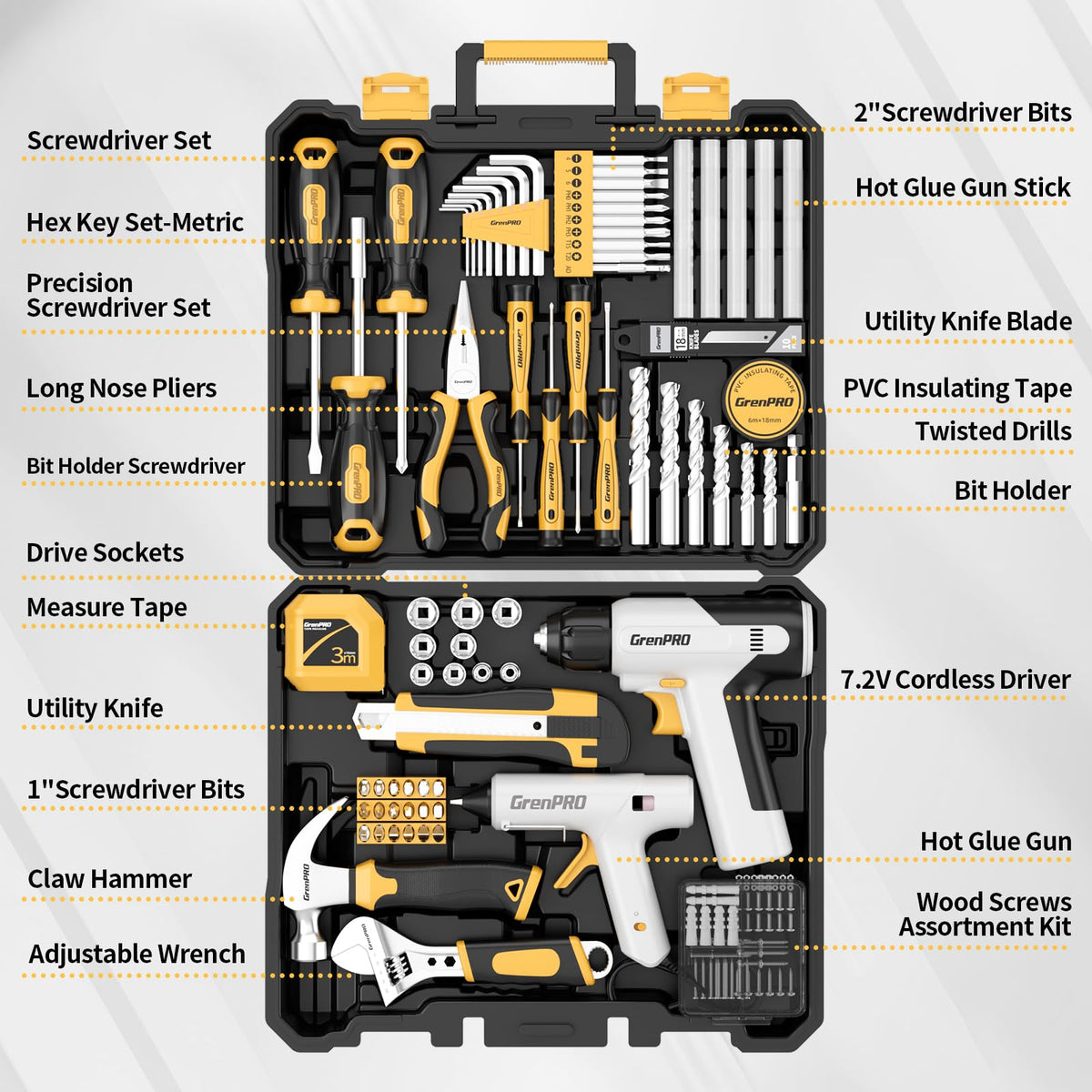 188PCS Yellow Cordless Drill Tool Set For Men Tool Kit For - GRENPRO Official Imagery - 3