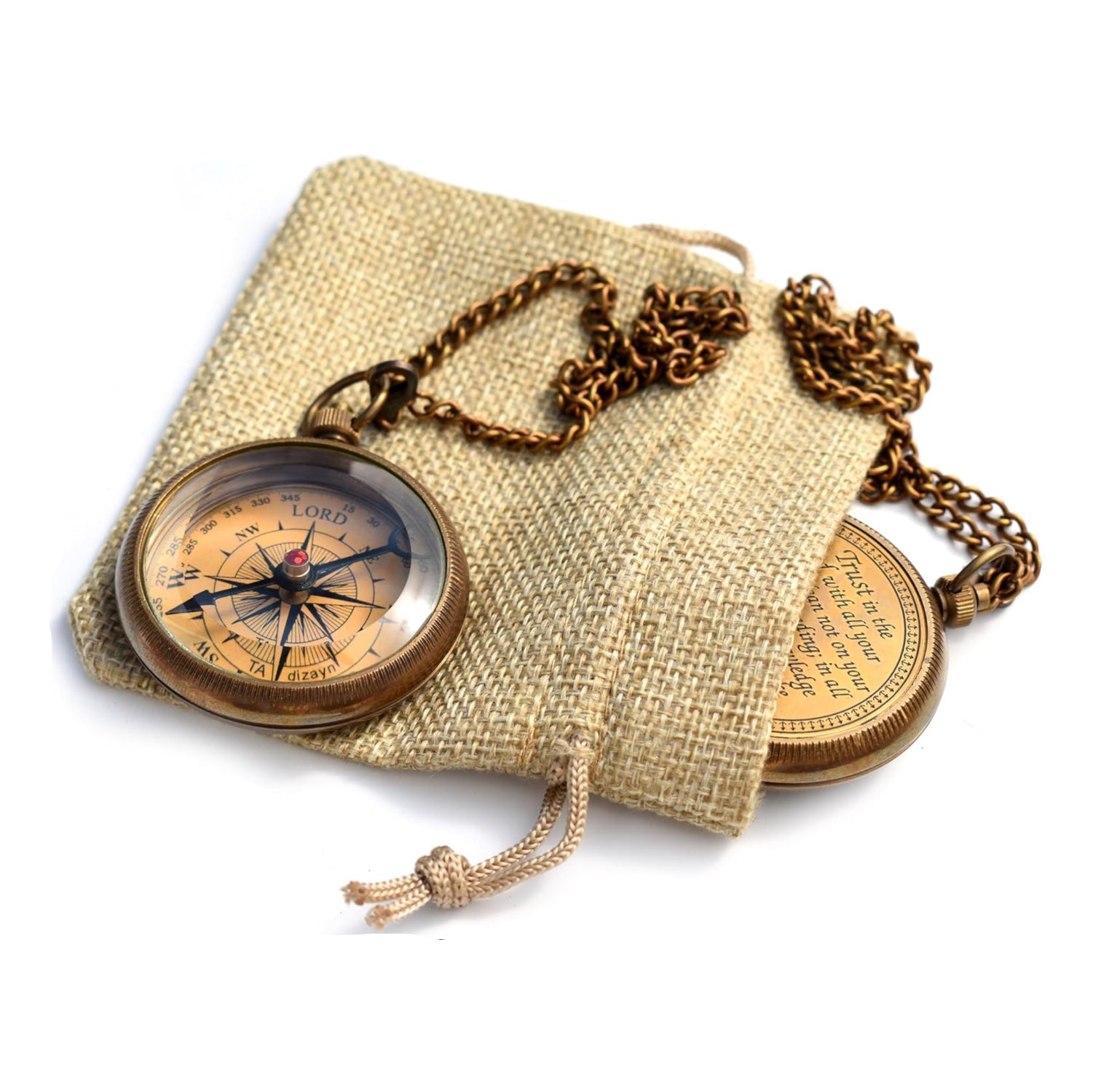 TA dizayn engraved compass featuring "Trust in The Lord With All Your Heart" Proverbs 3:5-6 quote, with detailed compass design.