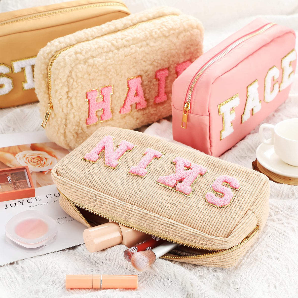 4 Pcs Preppy Makeup Bags Chenille Letter Bag Hair Face Skin - Kajaia Official Imagery - 3