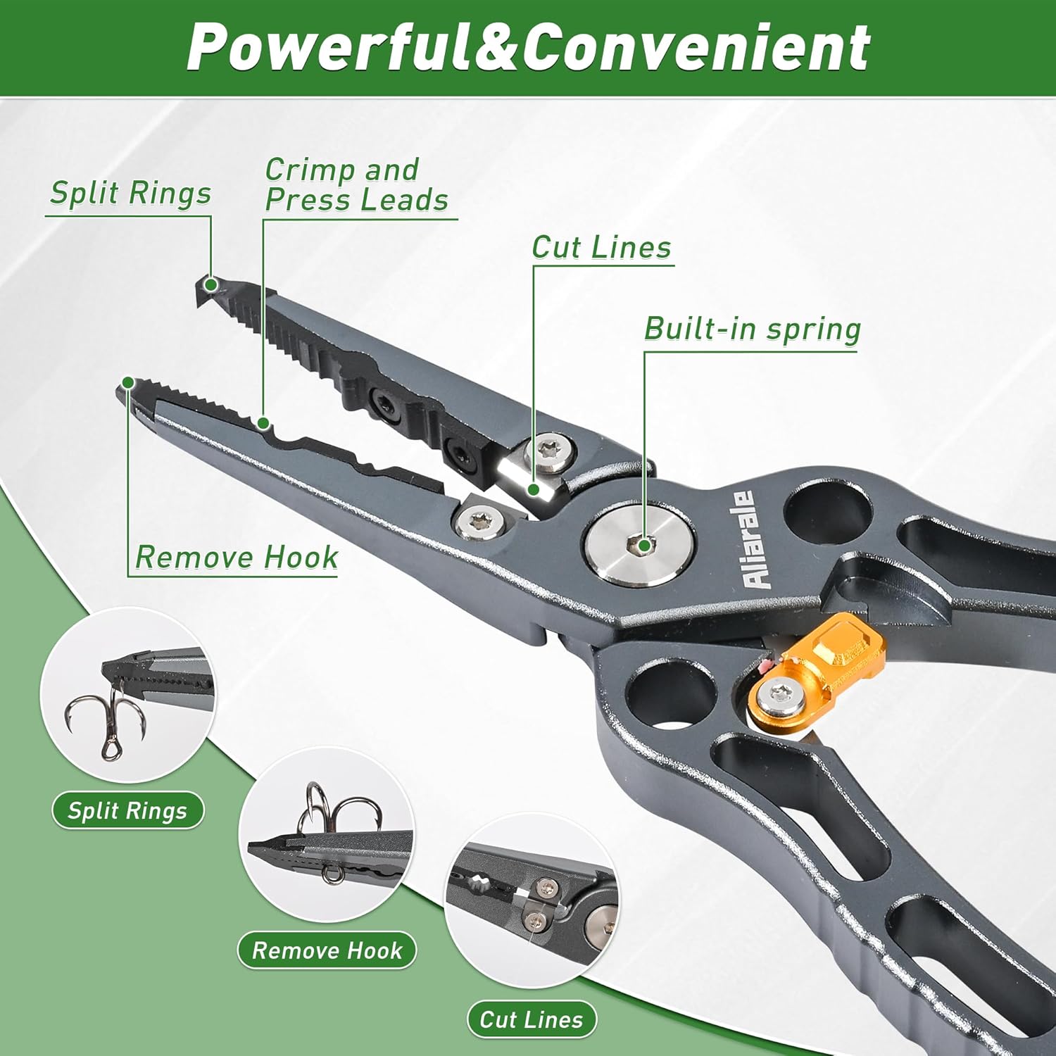 Aliarale fishing pliers with fish lip gripper and scale, saltwater resistant fishing tools kit for anglers.