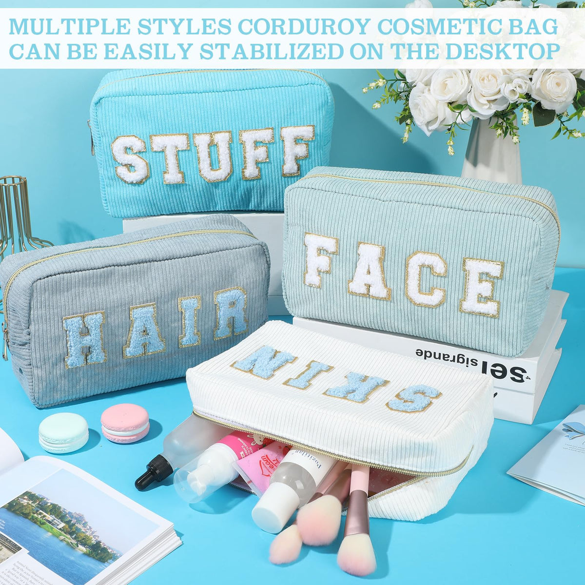4 Preppy Chenille Letter Makeup Bags Blue Series Colors - Pinkunn Official Imagery - 6
