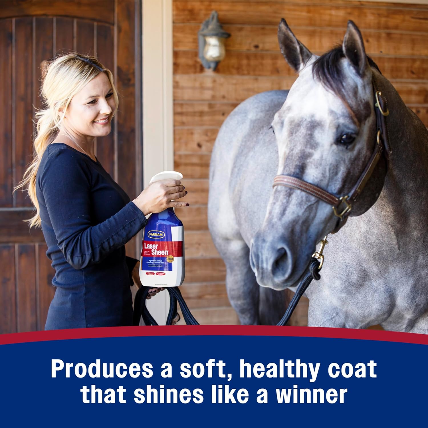 Farnam Laser Sheen horse spray bottle showing shiny coat and detangled mane, ready-to-use 32-ounce horse grooming product